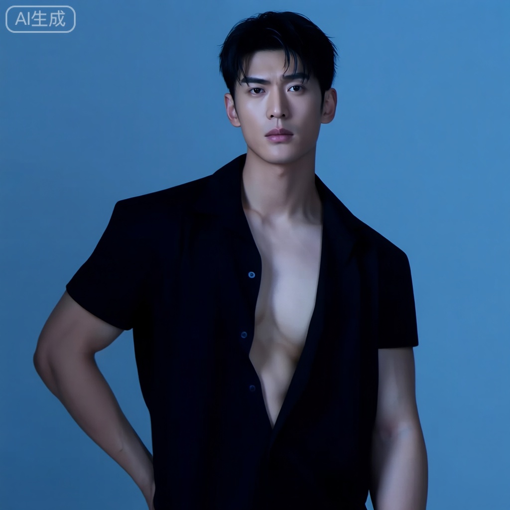 Medium shot, front view of an Asian man. He has short dark hair and wears an open black short - sleeved shirt, showing toned chest and abs. Standing with one arm extended to the side, looking directly at the camera with a serious and intense expression. Cool - toned, soft ambient lighting with blue hue, photorealistic, high detail.