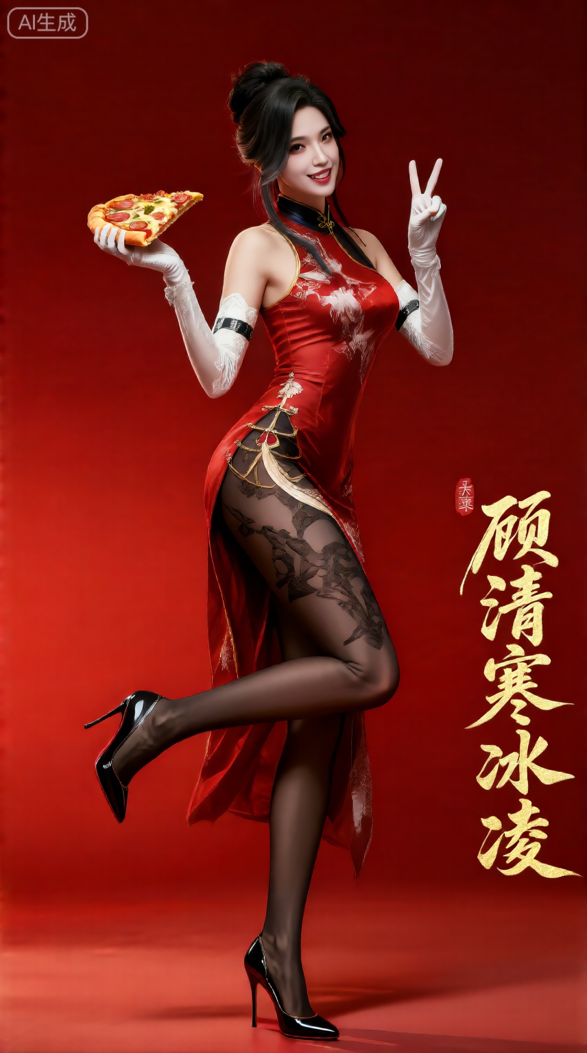 顾清寒冰凌,一位美女御姐,顾清寒站在红色渐变的背景前,手拿着一块披萨,一手对着镜头比耶,画面十分欢快,全身摄影,大长腿,高跟鞋,白皙的皮肤,冷清,一只脚像后抬起来,单脚站立,从侧面拍摄,旁边用金色飘逸的毛笔字写着几个小字“顾清寒冰凌”,真实感,写实