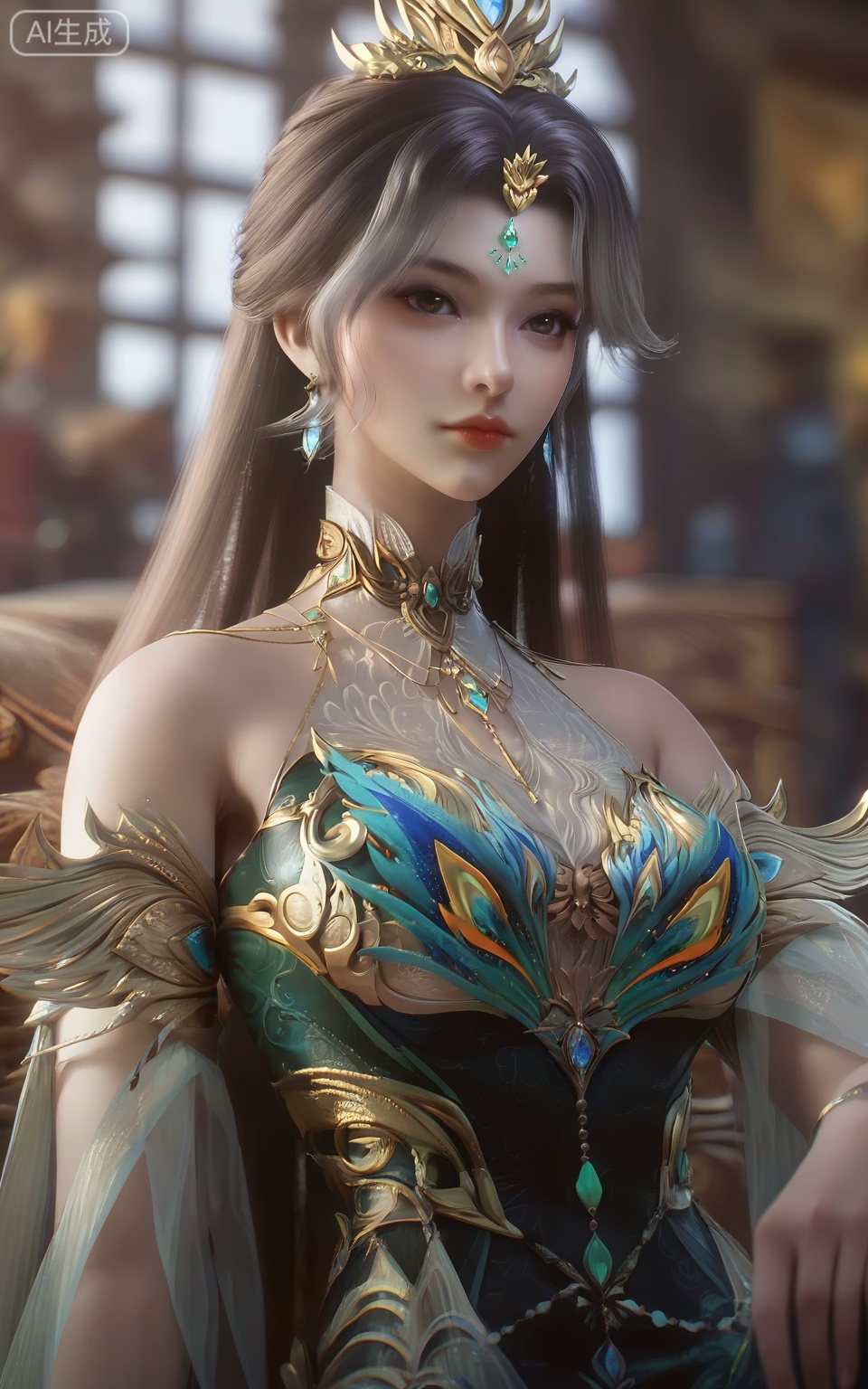 score_9,score_8_up,score_7_up,1girl, solo, long hair, looking at viewer, brown hair, grey hair, hair ornament, dress, jewelry, closed mouth, multicolored hair, earrings, indoors, blurry background, forehead mark, realistic, gem