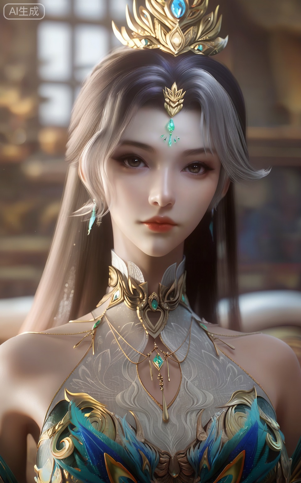 score_9,score_8_up,score_7_up,1girl, solo, long hair, looking at viewer, brown hair, grey hair, hair ornament, dress, jewelry, closed mouth, multicolored hair, earrings, indoors, blurry background, forehead mark, realistic, 