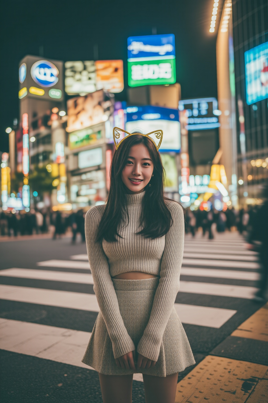 midjourneyanalog9. A tall young Korean woman stands in the middle of a crosswalk at night in Tokyo. She is wearing a light...