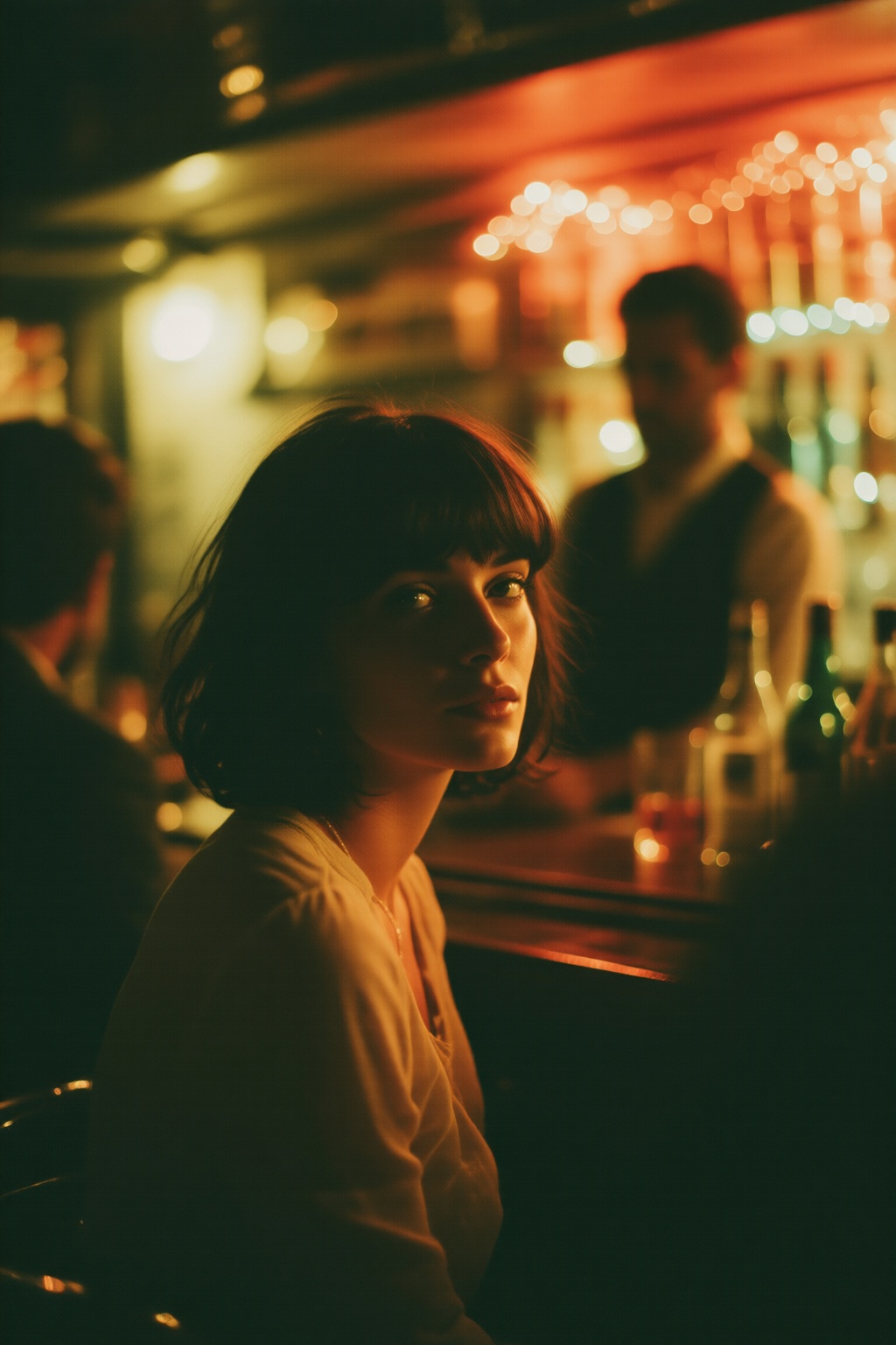 midjourneyanalog9. In a dimly lit bar,  an Italian woman with short,  dark hair with bangs on Tensor.Art