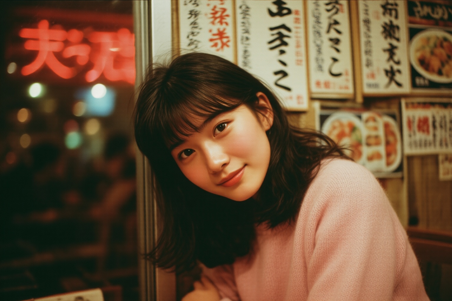 midjourneyanalog9. A 1980s young Japanese woman with shoulder-length dark hair and bangs is wearing a light pink sweater....