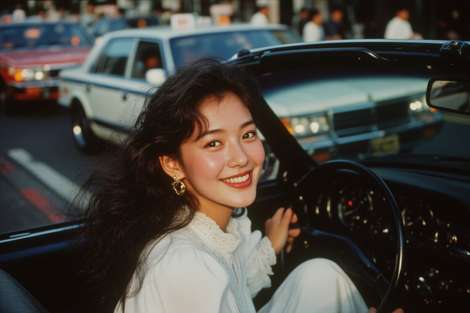 midjourneyanalog9. A 1980s young Japanese woman sits in the driver's seat of a convertible car. She is wearing a white blo...