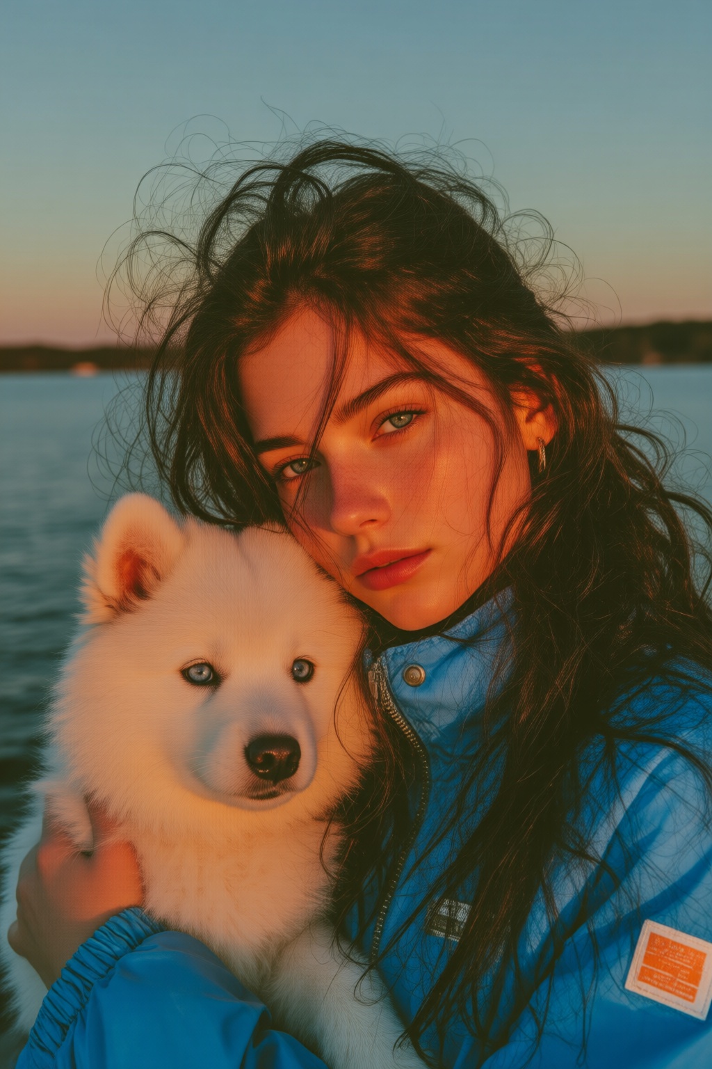 midjourneyanalog9. A young woman with blue eyes,  shown in 3/4 view,  is wearing a blue windbreaker and holds a fluffy whi...