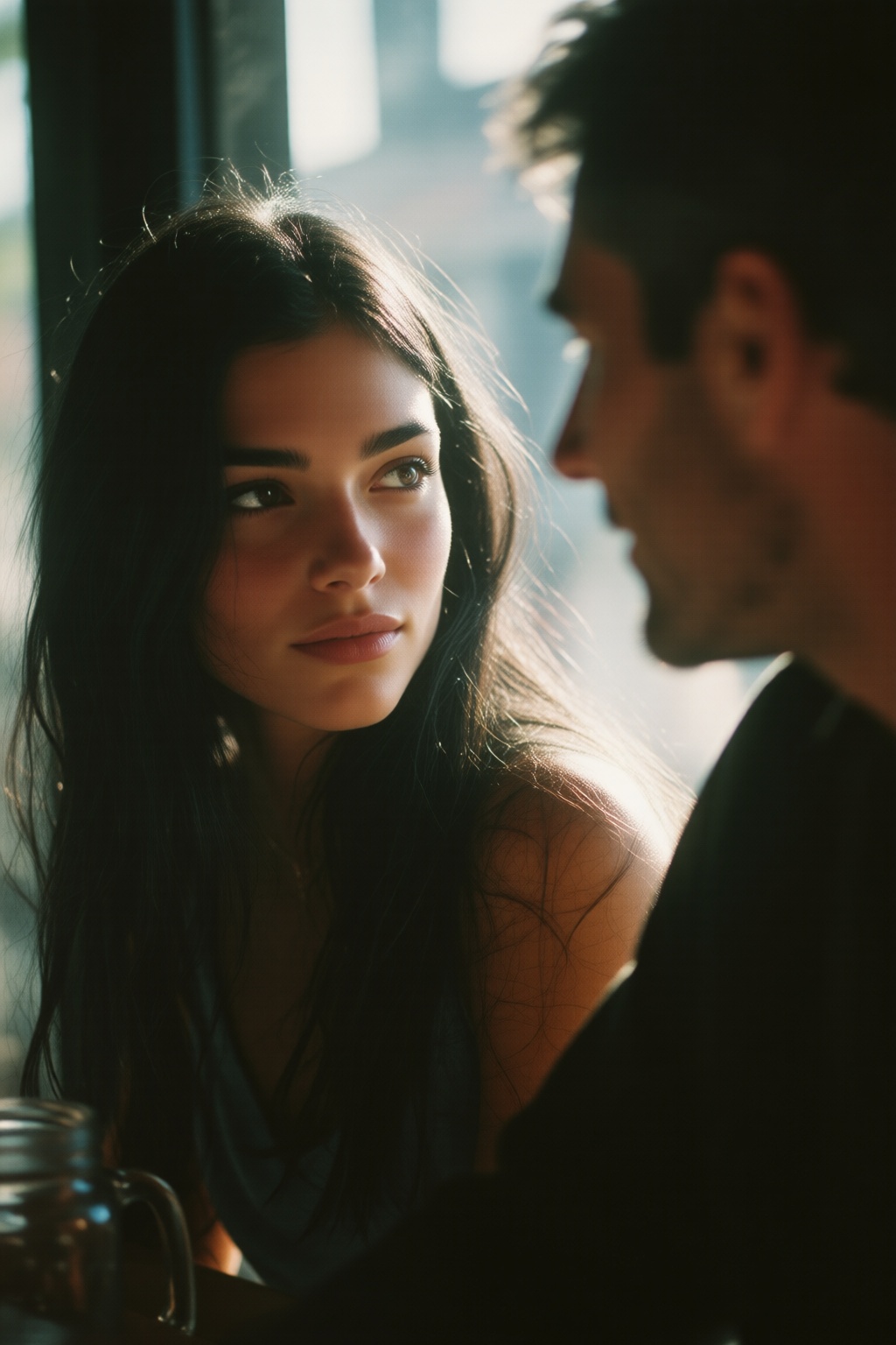 midjourneyanalog9. On the left is a young Spanish woman with long,  dark hair sitting at a table,  looking slightly upward...