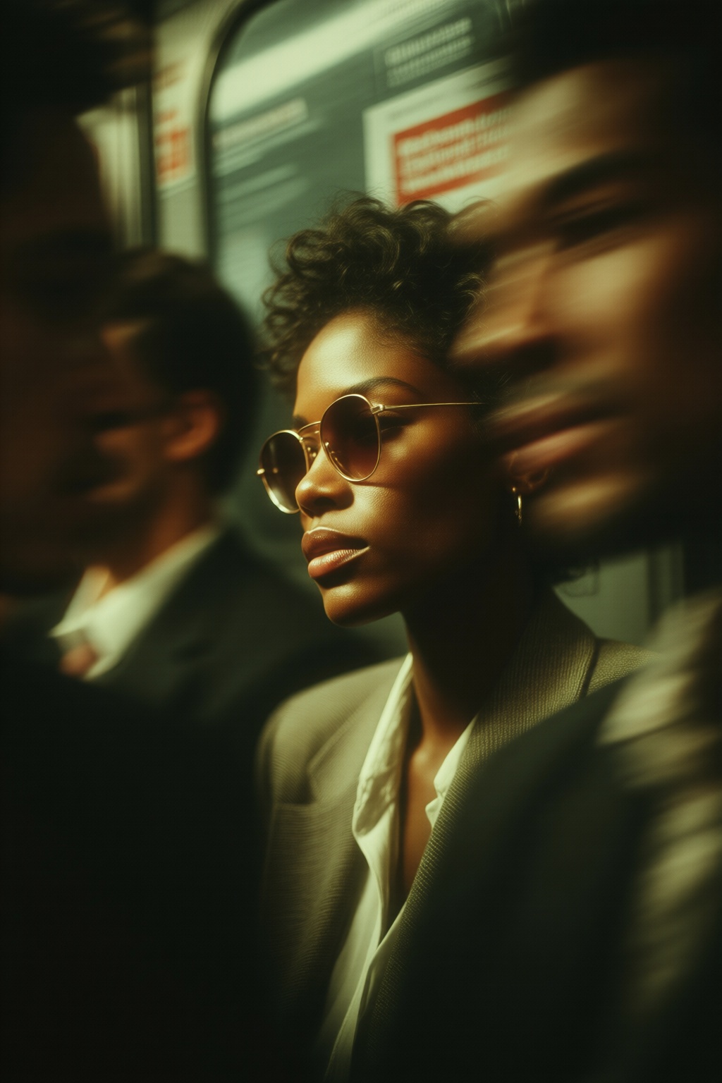 midjourneyanalog9. An African American woman,  shown in 3/4 profile,  in a light-colored suit and a white shirt on Tensor.Art