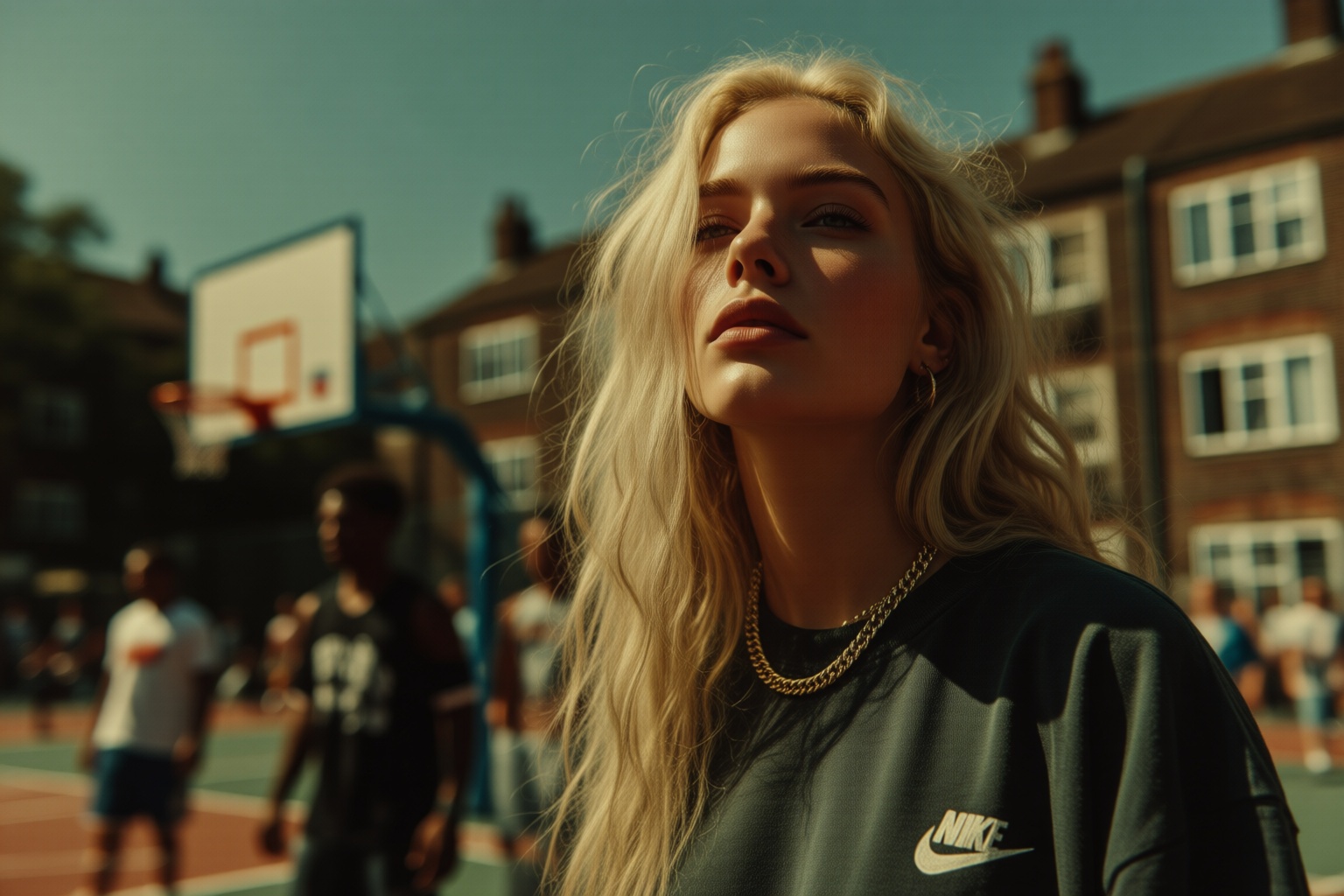 midjourneyanalog9. On the right stands a woman with long,  wavy blonde hair who wears a dark Nike sweatshirt with a visibl...