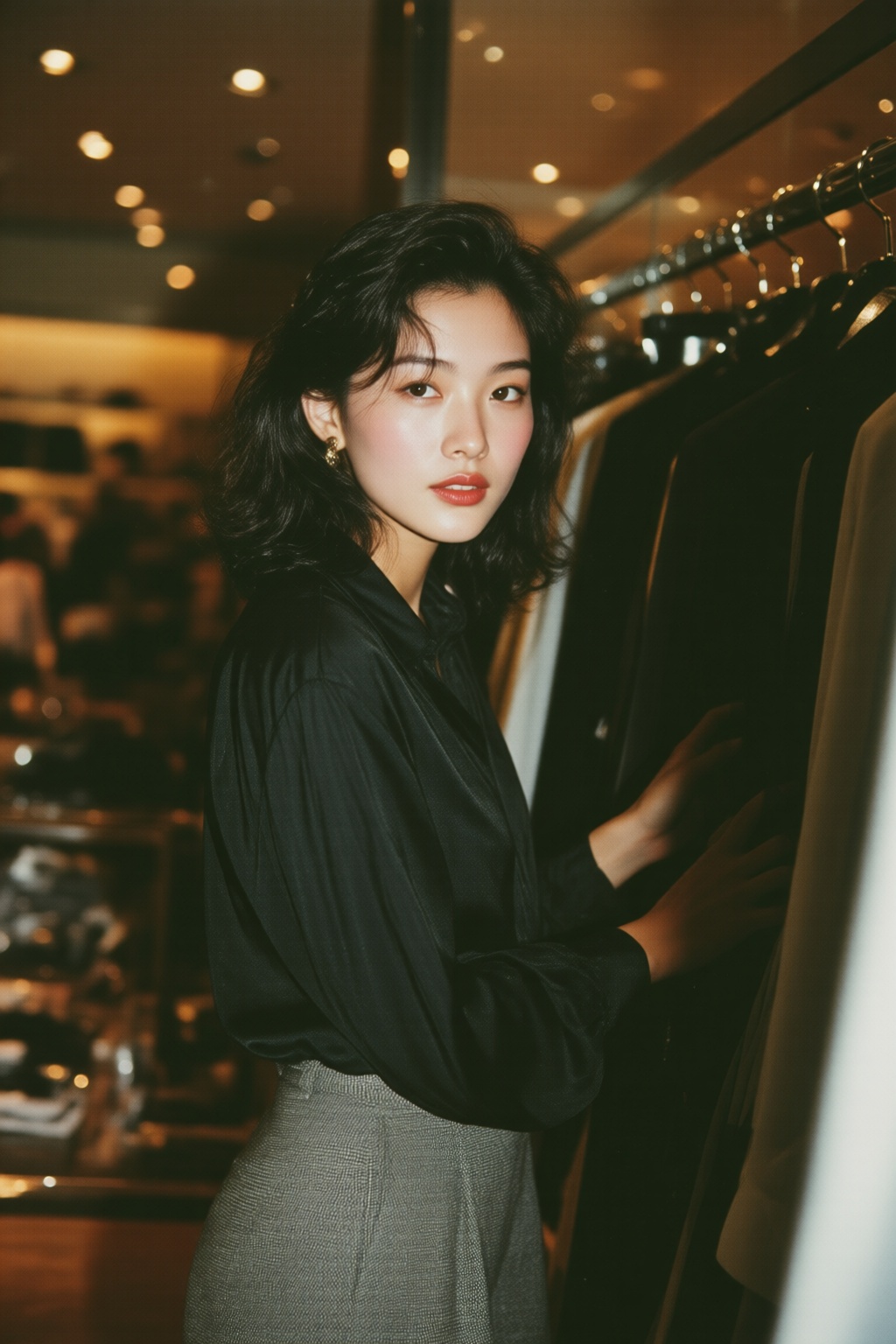 midjourneyanalog9. A 1990s young Chinese woman with wavy shoulder-length hair stands in front of a clothing rack in a reta...