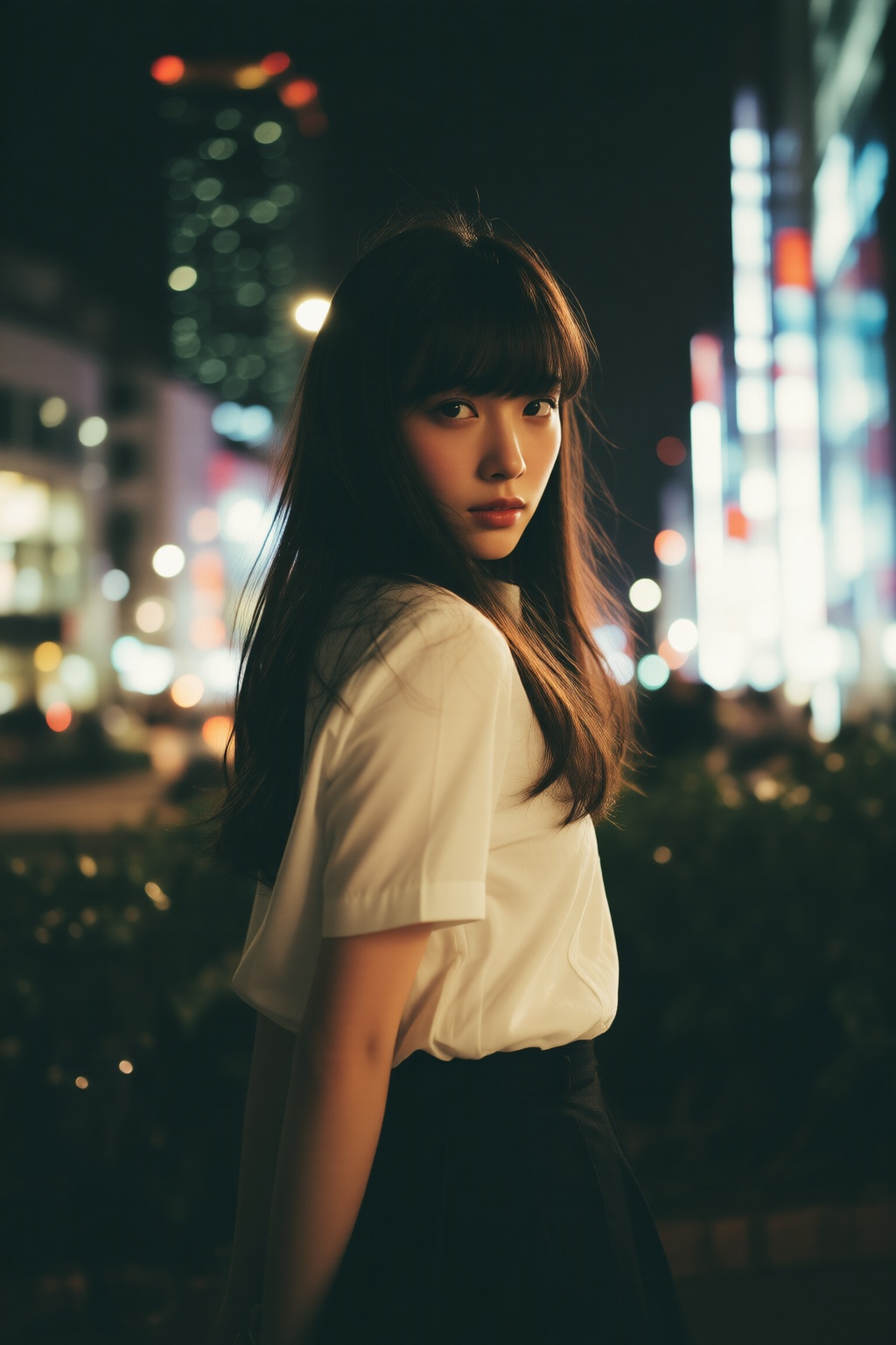 midjourneyanalog9. A 1990s young Japanese woman stands outdoors at night. She has long,  straight hair,  bangs on Tensor.Art