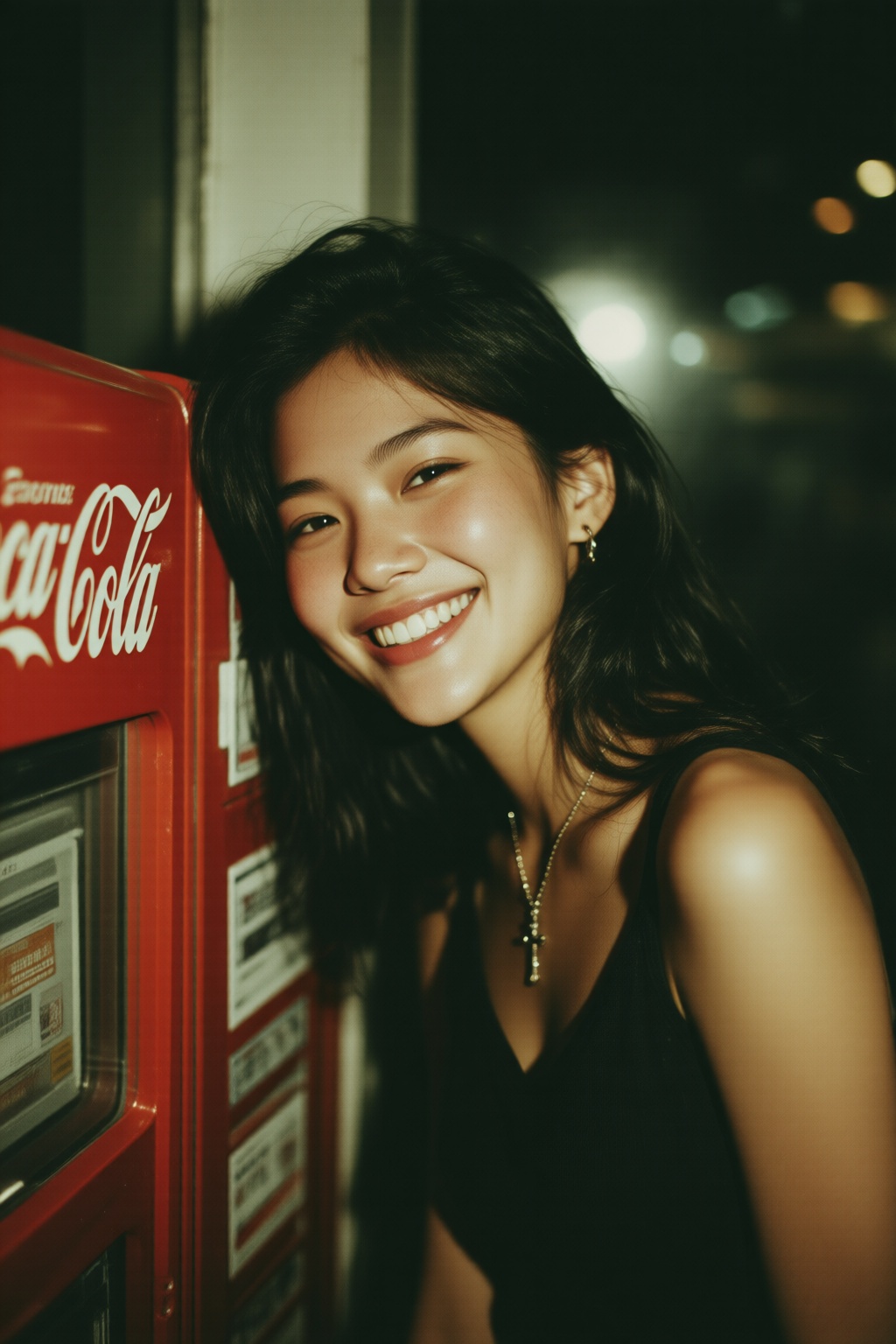 midjourneyanalog9. A young Thai woman leans against a red Coca-Cola vending machine. She is wearing a black sleeveless top...