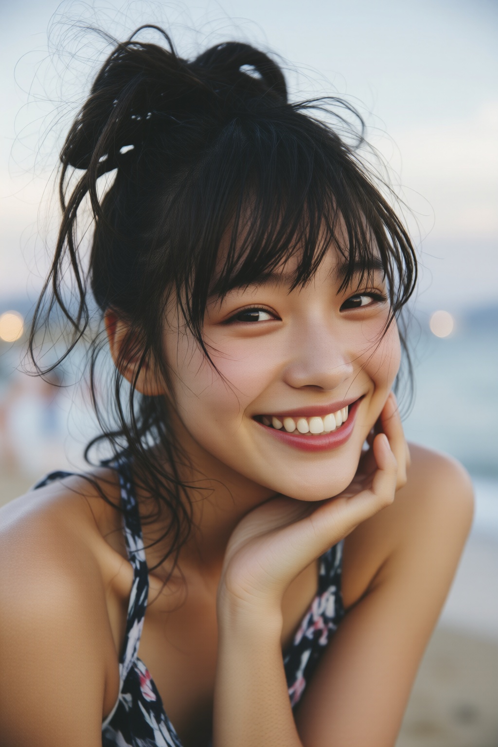 midjourneyanalog9. Close-up of a 18yo Japanese girl with dark hair styled in a messy high bun wears a sleeveless top with...