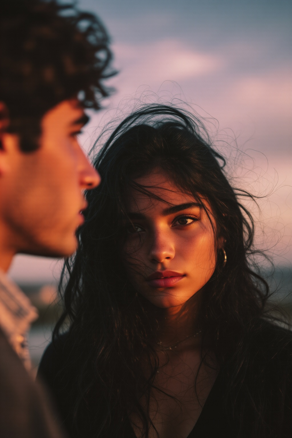 midjourneyanalog9. The central figure is a Latina teenager with long,  dark hair,  wearing a black top. Her hair is being...