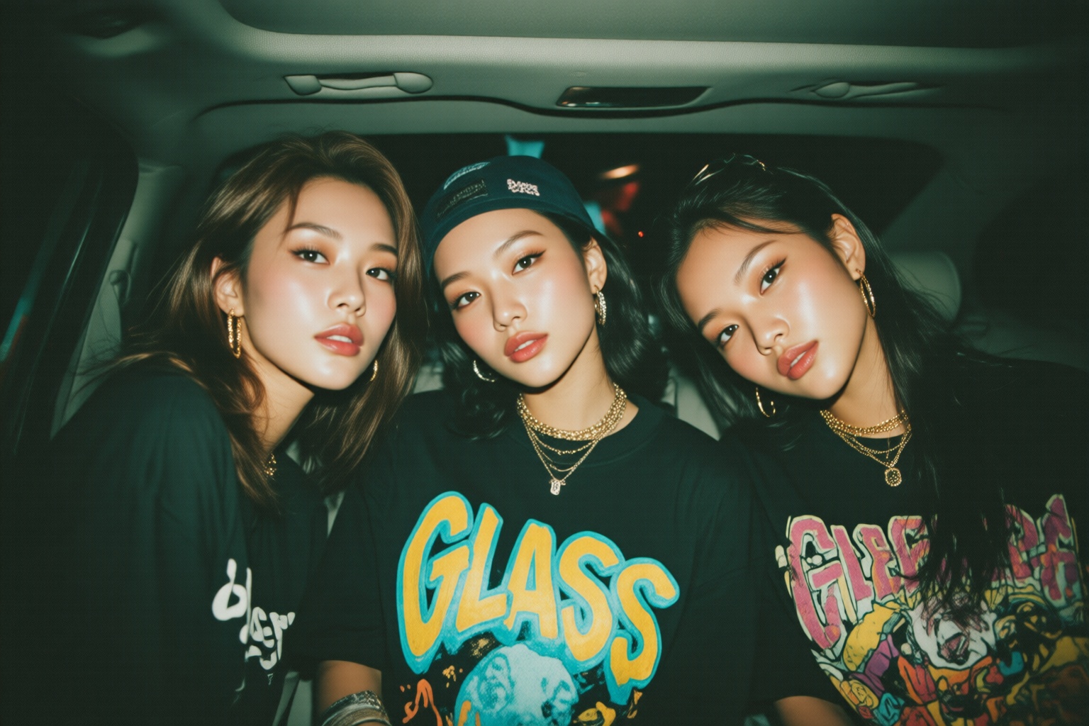 midjourneyanalog9. Three young K-pop idols are sitting in a car,  dressed in casual and trendy clothing. They are wearing...