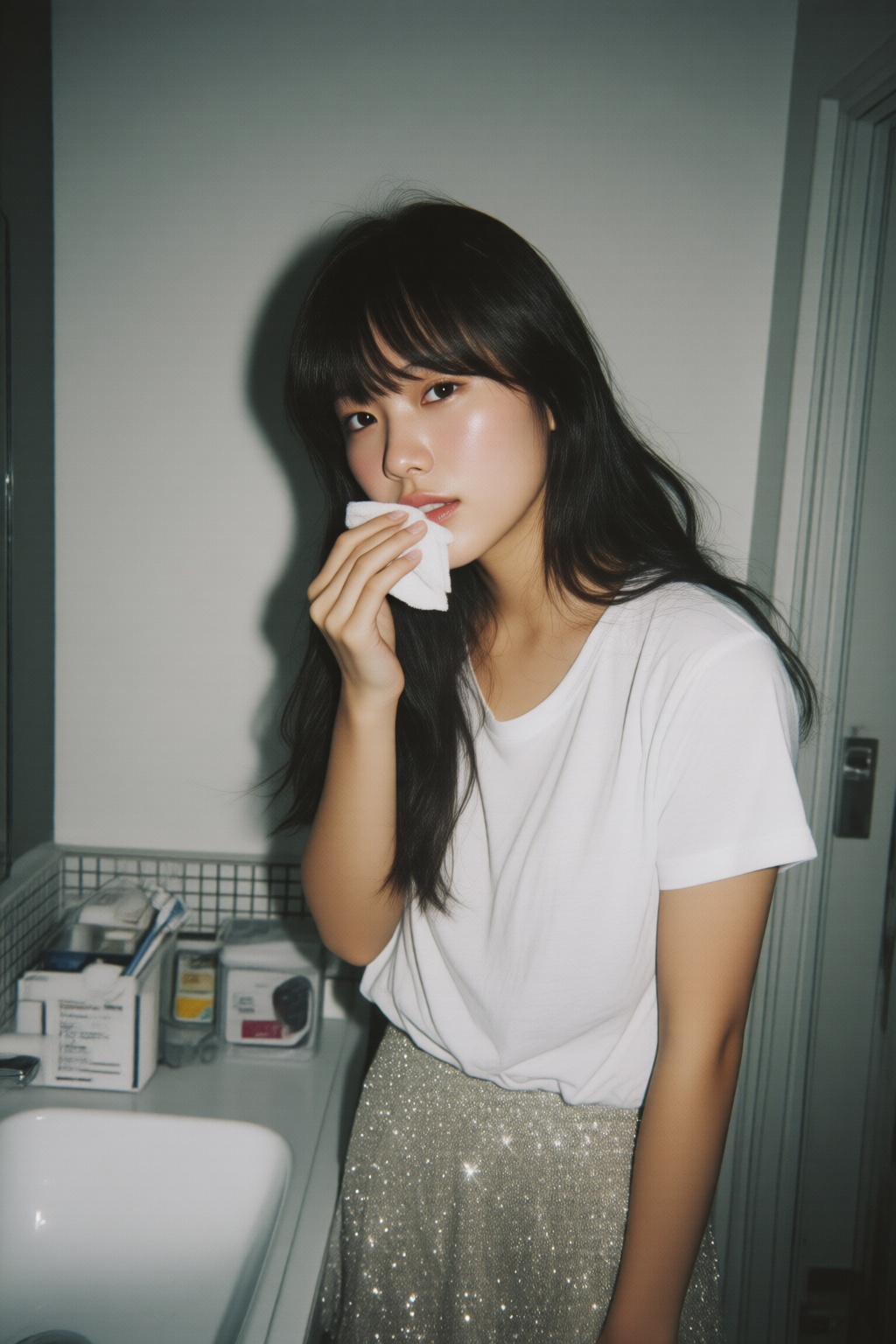 midjourneyanalog9. A young Korean woman with long hair and bangs stands in a bathroom. She is shown in 3/4 profile and she...