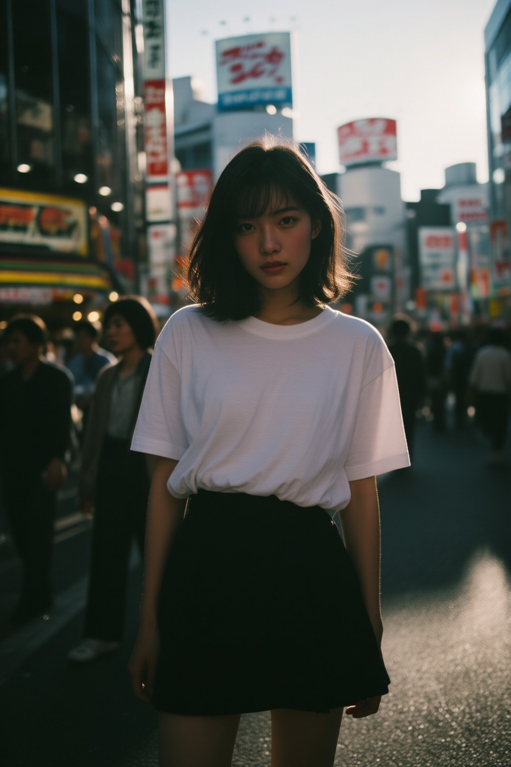 midjourneyanalog9. A 1980s young Japanese woman with shoulder-length hair stands in the middle of a bustling urban street,...