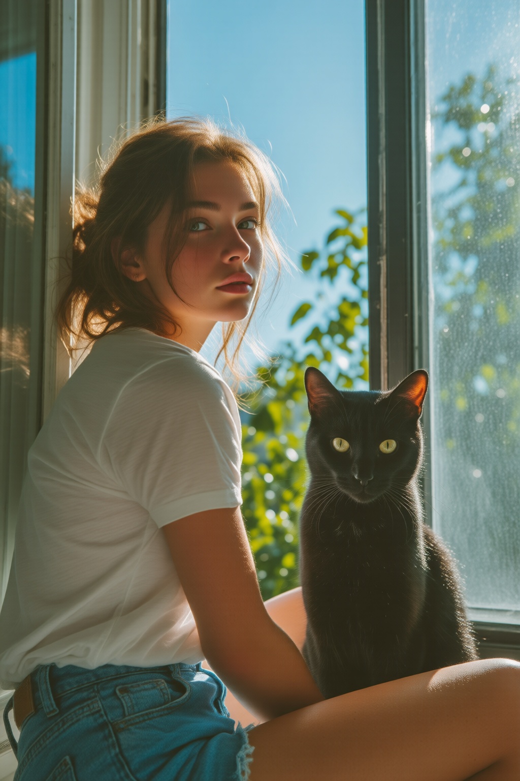 midjourneyanalog9 soft light. Low-angle view of a young woman,  shown in side profile,  sitting by a window. She is lookin...