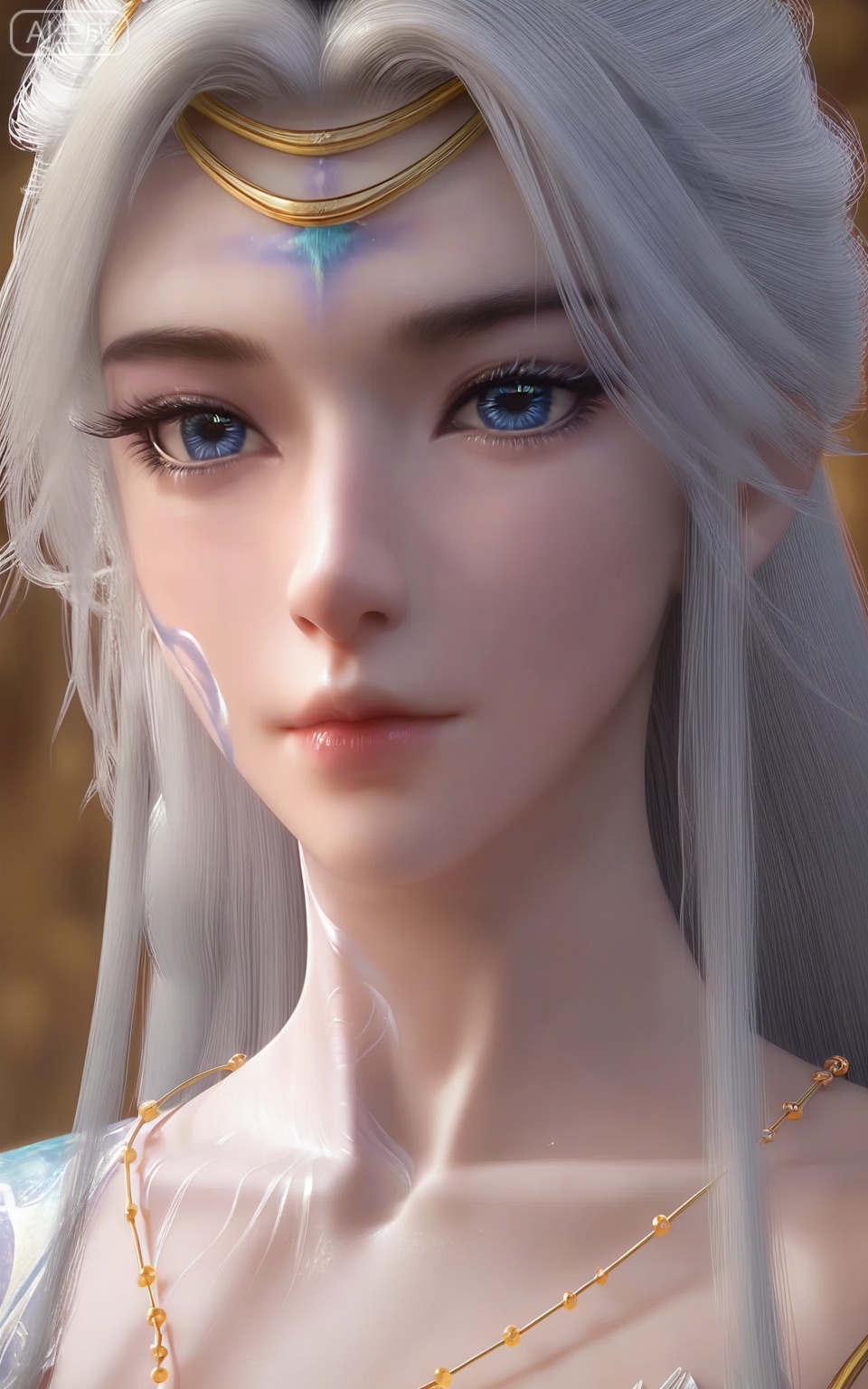 score_9,score_8_up,score_7_up,
1girl, solo, long hair, looking at viewer, blue eyes, jewelry, closed mouth, collarbone, upper body, white hair, necklace, lips, eyelashes, makeup, facial mark, portrait, circlet, realistic, 