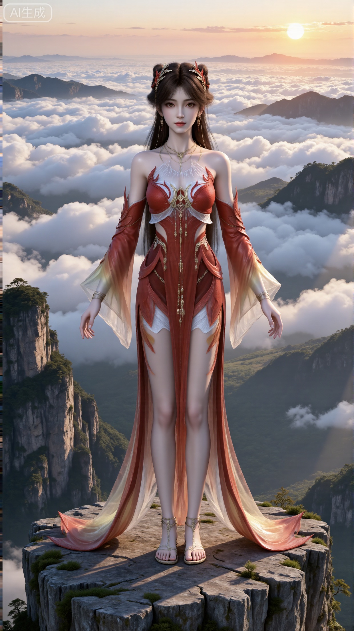 Full-body Front View Prompt
 
A girl standing on the edge of a cliff, facing the audience.
 
- Chinese style, beautiful female character, red gradient clothing, flowing sleeves (detached and wide), translucent fabric, long dress with a trailing hem, sandals, gray background.
- Long brown hair, hair accessories, earrings, necklace, ornaments, jewelry.
- Perfectly proportioned figure, brown pupils, eyelashes; the clothing is adorned with exquisite patterns.
- Mountain ranges, sea of clouds, sunset, beautiful and magnificent landscape.
- Light and shadow, ultra-clear, high resolution, realistic texture, high detail.,3d_character_hle