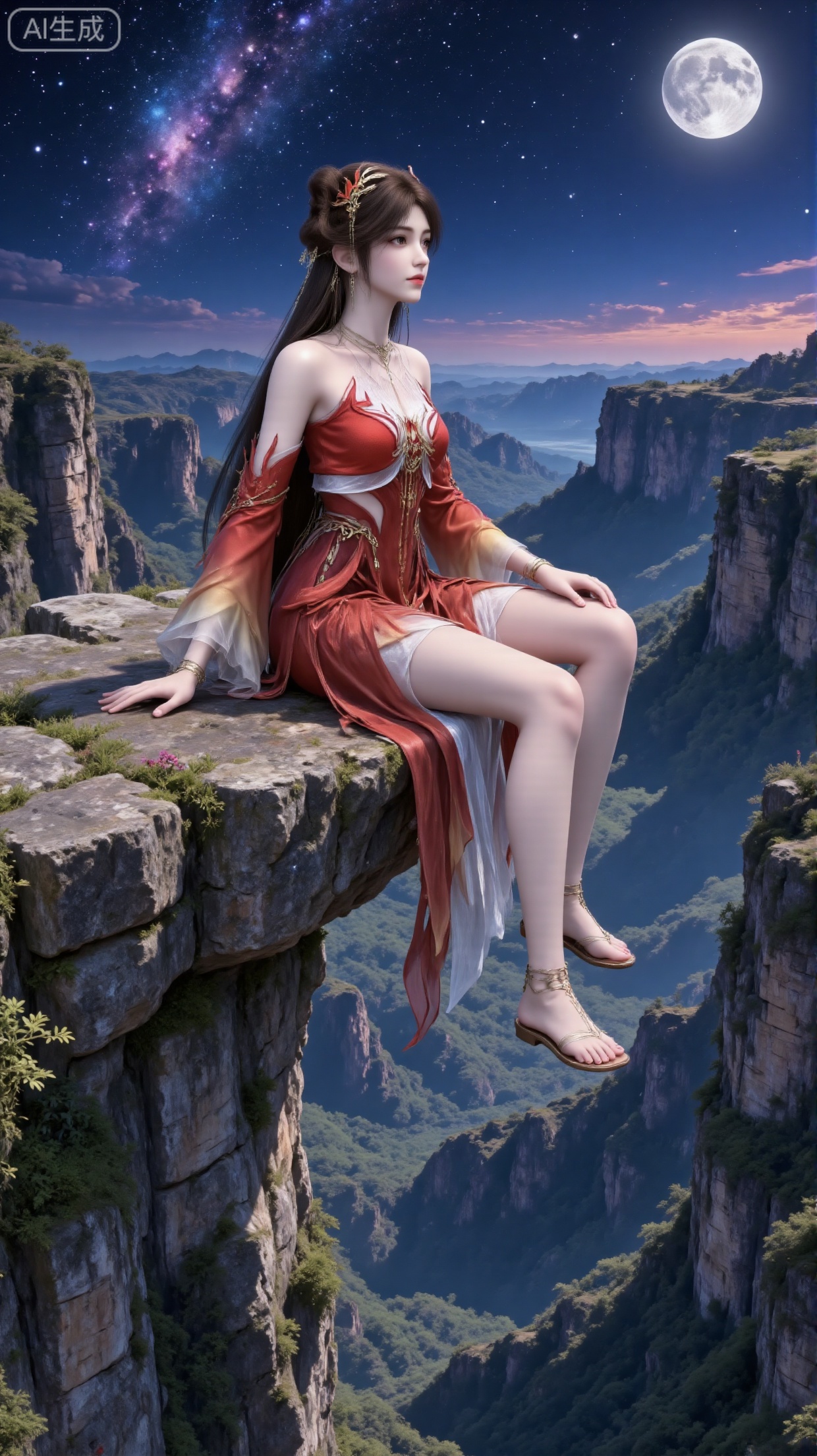 Full-body side view, one girl sitting on the edge of a cliff and looking up at the sky. One hand is propped on the ground, and the other rests on her leg.
 
Red gradient clothing, flowing sleeves, translucent fabric, long dress with a trailing hem, flat embroidered shoes. Detached sleeves, wide sleeves. Long brown hair, hair accessories, earrings, necklace, ornaments, jewelry. Perfectly proportioned figure, brown pupils, eyelashes. The clothing is decorated with exquisite patterns. Soft, fair and smooth skin.
 
Night, mountain ranges, the Milky Way, the moon, beautiful and magnificent landscape. Ultra-clear, high resolution, realistic texture, high detail.