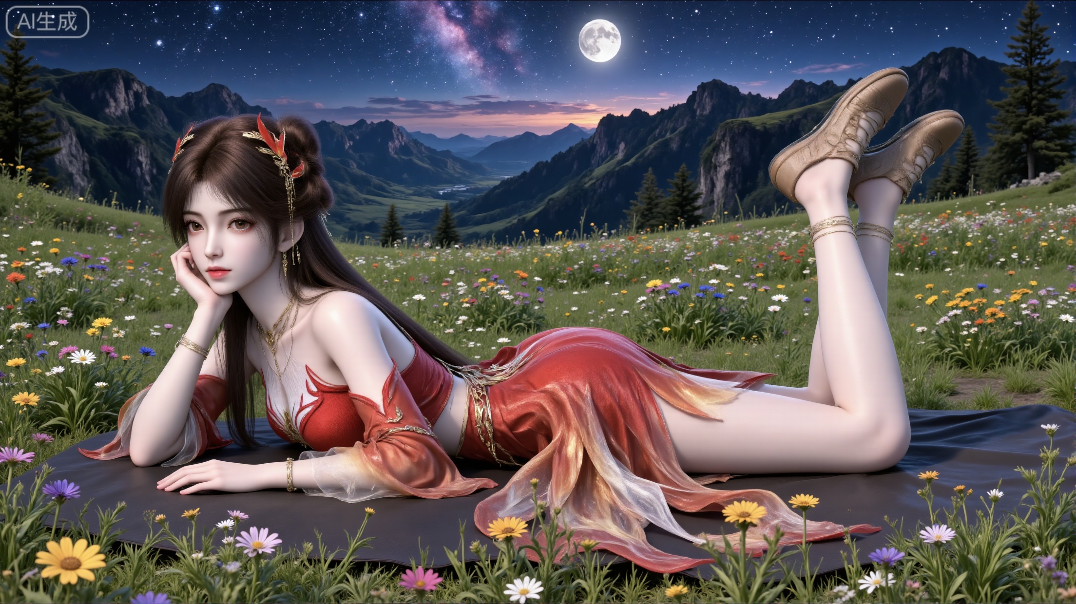 Full-body shot of a girl in a prone position: her body lies on one side on a flat surface, legs lifted, one hand supporting her cheek, and the other hand stretched out naturally. All four limbs touch the ground, with her back and hips raised upward. She is lying prone on the grass, surrounded by wildflowers of various colors.
 
Red gradient clothing, flowing sleeves (detached and wide) made of translucent fabric, flat embroidered shoes. Long brown hair, hair accessories, earrings, necklace, ornaments, jewelry. Perfectly proportioned figure, brown pupils, eyelashes. The clothing is decorated with exquisite patterns. Soft, fair and smooth skin.
 
Lush green grass, wildflowers, night, mountain ranges, the Milky Way, the moon, beautiful and magnificent landscape. Ultra-clear, high resolution, realistic texture, high detail.,3d_character_hle