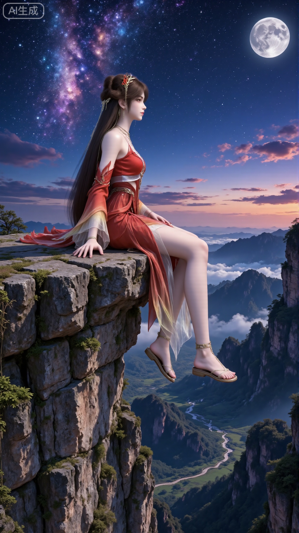 Full-body shot, side view: A girl sitting on the edge of a cliff, gazing into the distance.
 
- Chinese style, beautiful female character, red gradient clothing, flowing sleeves (detached and wide), translucent fabric, long dress with a trailing hem, flat embroidered shoes.
- Long brown hair, hair accessories, earrings, necklace, ornaments, jewelry; perfectly proportioned figure, brown pupils, eyelashes; the clothing is decorated with exquisite patterns; smooth, fair and tender skin.
- Night scene, mountain ranges, Milky Way, moon, beautiful and magnificent landscape.
- Ultra-clear, high resolution, realistic texture, high detail.