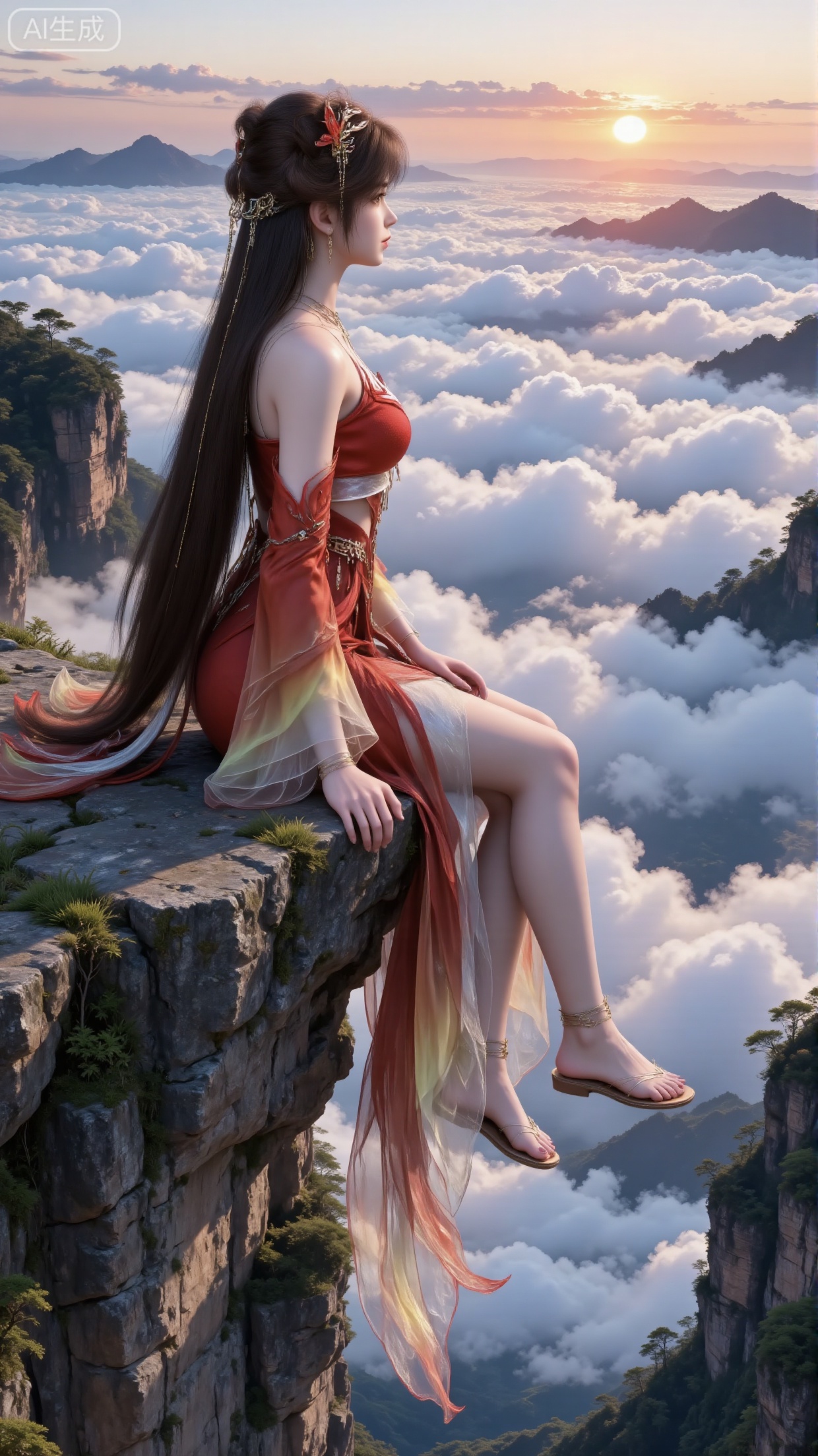 Full-body shot, side view, one girl sitting on the edge of a cliff and looking into the distance.
Chinese style, beautiful female character, red gradient clothing, flowing sleeves, translucent fabric, long dress with a trailing hem, flat shoes. Detached sleeves, wide sleeves. Long brown hair, hair accessories, earrings, necklace, ornaments, jewelry. Perfectly proportioned figure, brown pupils, eyelashes. The clothing is decorated with exquisite patterns.
Mountains, sea of clouds, sunset, rosy clouds, beautiful and magnificent landscape. Light and shadow, ultra-clear, high resolution, realistic texture, high detail.,3d_character_hle