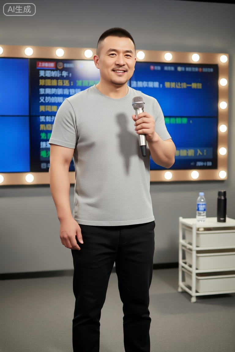 nsjs, A man with a buzz cut was wearing light gray cotton short-sleeved shirts and black tying casual pants, standing upright at the camera. He was strong, with neat shoulders and back lines. His left hand was naturally hanging on his side, and his right hand was holding a silver microphone, which was gently hanging down his forearm. The background is a simple modern live broadcast room: behind him is a spliced ​​electronic screen, with real-time barrage scrolling, and the edge of the screen is dotted with several ring fill lights. The warm white light hits him evenly, making the skin texture clear; under his feet is a light gray carpet, and a white storage rack stands next to it, with a bottle of mineral water and a black thermos cup on it, with no extra decoration and a clean and neat atmosphere. His eyes were bright and vivid when he looked straight into the camera, and there was a natural smile on the corner of his mouth. He was neither deliberately alienated nor overly warm. He seemed to be chatting with a familiar person easily, and his whole body exuded a relaxed vitality.