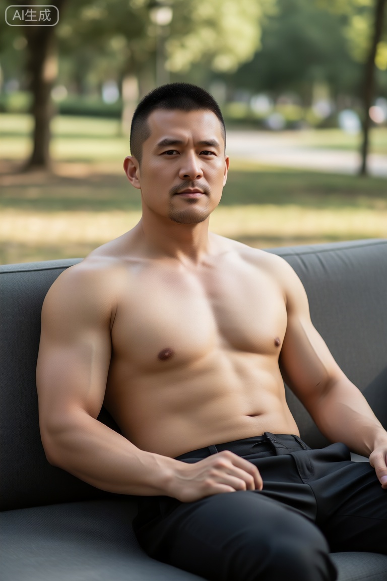 nsjs,一个短发男人坐在沙发上。他体格健壮,尽管缺少肌肉线条,但看起来又厚又壮。他胸脯丰满,表情平静自信,散发出一种时尚的成熟感。背景是公园户外,焦点在男人身上