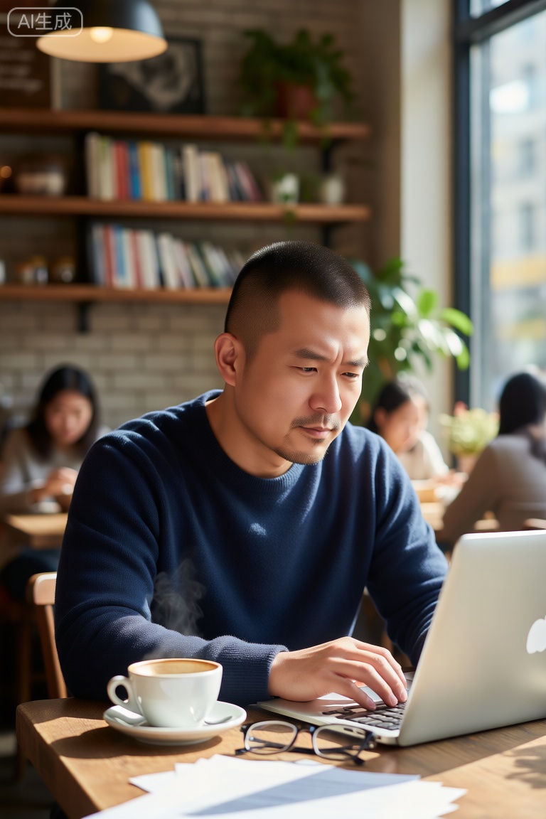 nsjs,A man with a crew cut, wearing a dark blue sweater, is sitting in a sunlit cafe and focusing on using a silver laptop. Beside him, a white coffee cup (with a saucer, still steaming), a pair of glasses, and several sheets of paper are placed at will; in the background, a wooden bookshelf with books and green plants stands quietly, and other customers are active in the distance. Warm light falls on the table through the large window, and the whole scene is brimming with a focused and cozy life atmosphere.
