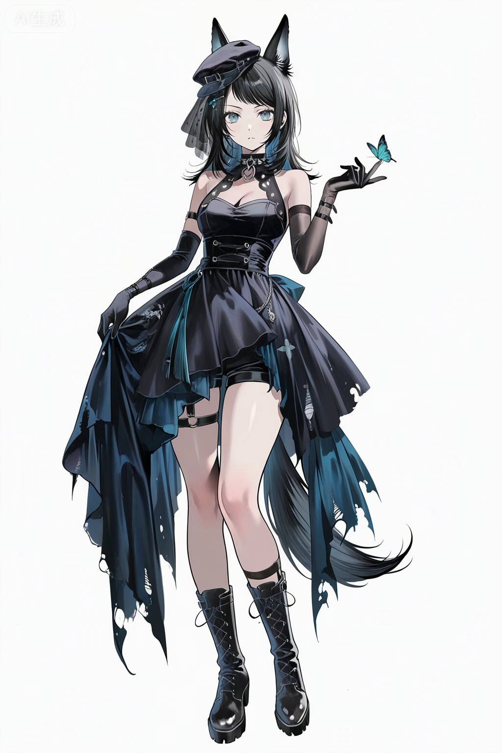 masterpiece, best quality,solo,((white background:1.2)),simple background,,full body
looking at viewer,,Yahata Umiri,black hair,long hair,blue eyes,bangs,swept bangs,breasts,shirt,gloves,animal ears,tail,boots,shorts,black gloves,black footwear,dog ears,hat,dress,elbow gloves,black dress,sleeveless dress,veil