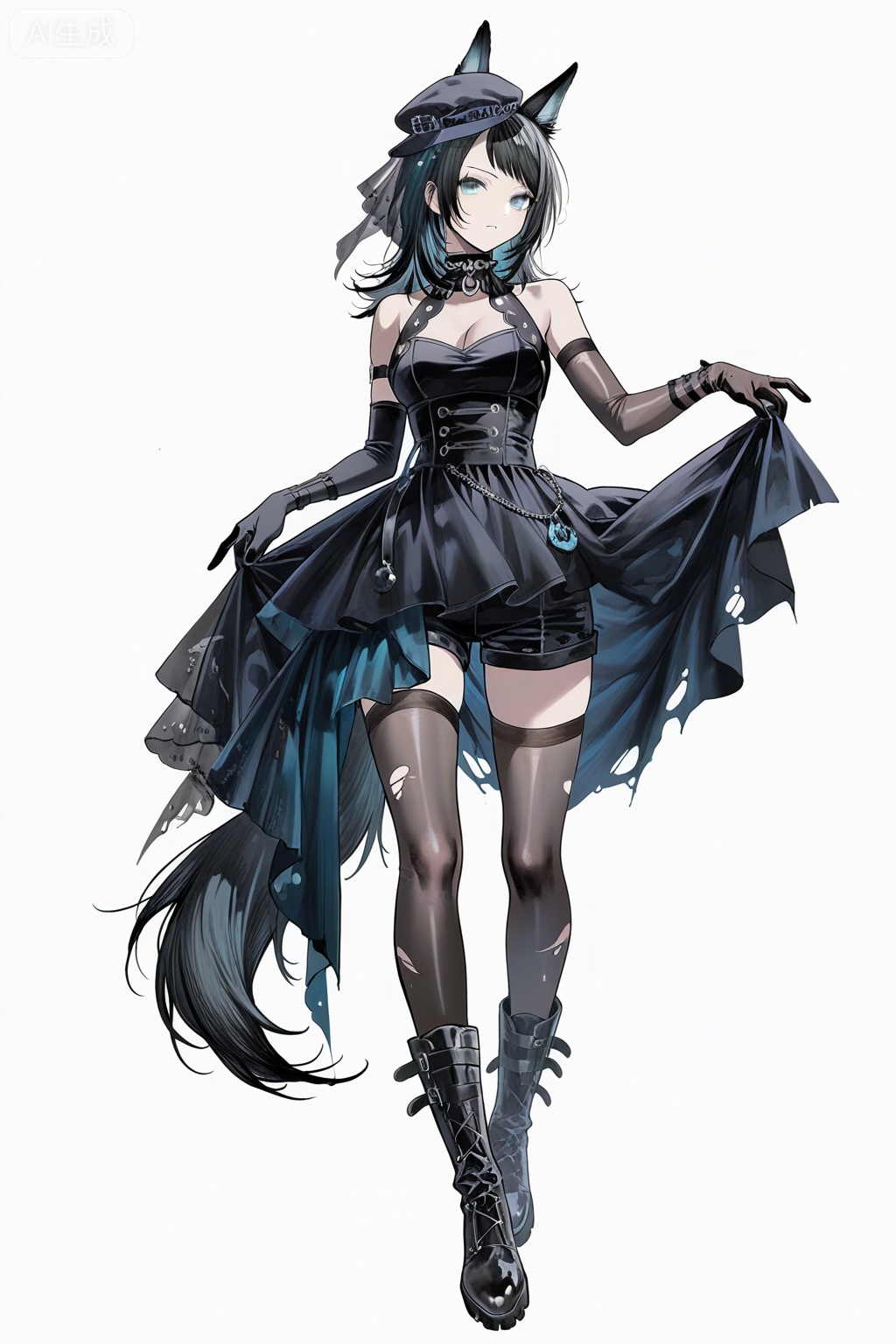 masterpiece, best quality,solo,((white background:1.2)),simple background,,full body
looking at viewer,,Yahata Umiri,black hair,long hair,blue eyes,bangs,swept bangs,breasts,shirt,gloves,animal ears,tail,boots,shorts,black gloves,black footwear,dog ears,hat,dress,elbow gloves,black dress,sleeveless dress,veil