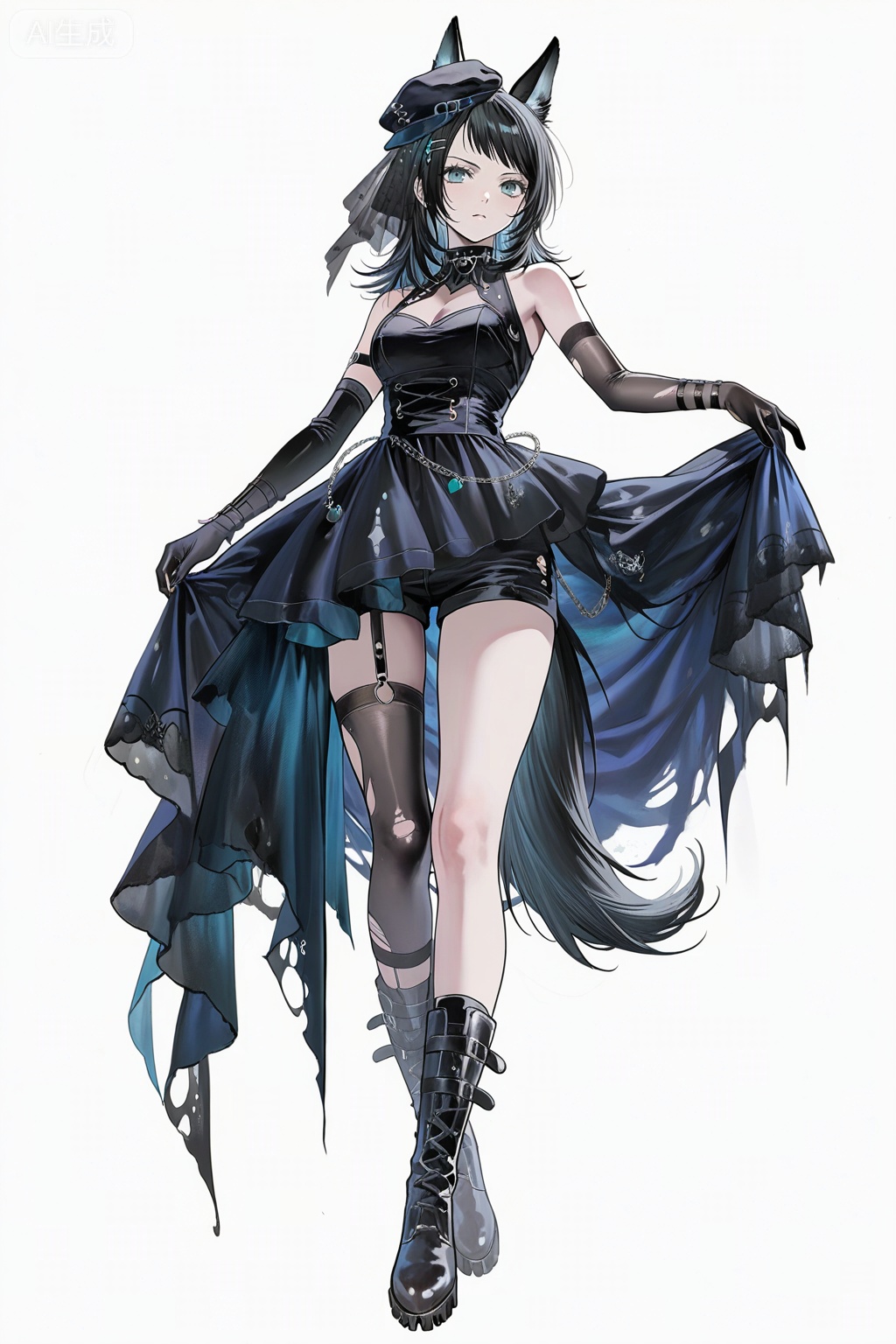 masterpiece, best quality,solo,((white background:1.2)),simple background,,full body
looking at viewer,,Yahata Umiri,black hair,long hair,blue eyes,bangs,swept bangs,breasts,shirt,gloves,animal ears,tail,boots,shorts,black gloves,black footwear,dog ears,hat,dress,elbow gloves,black dress,sleeveless dress,veil