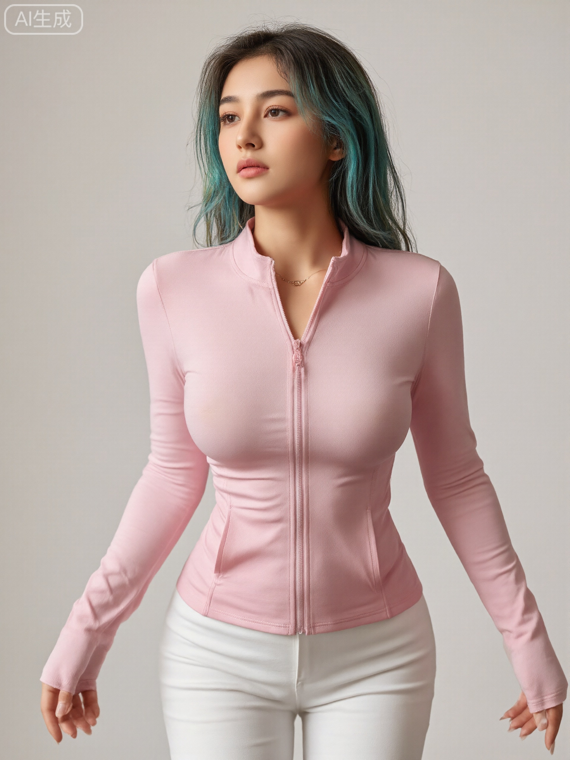 Photograph of a light-skinned woman with long green and blue hair,wearing a pink zip-up sports top,She has a slim build and is wearing white pants. and she wears a delicate necklace. The background is a plain,light-colored wall.