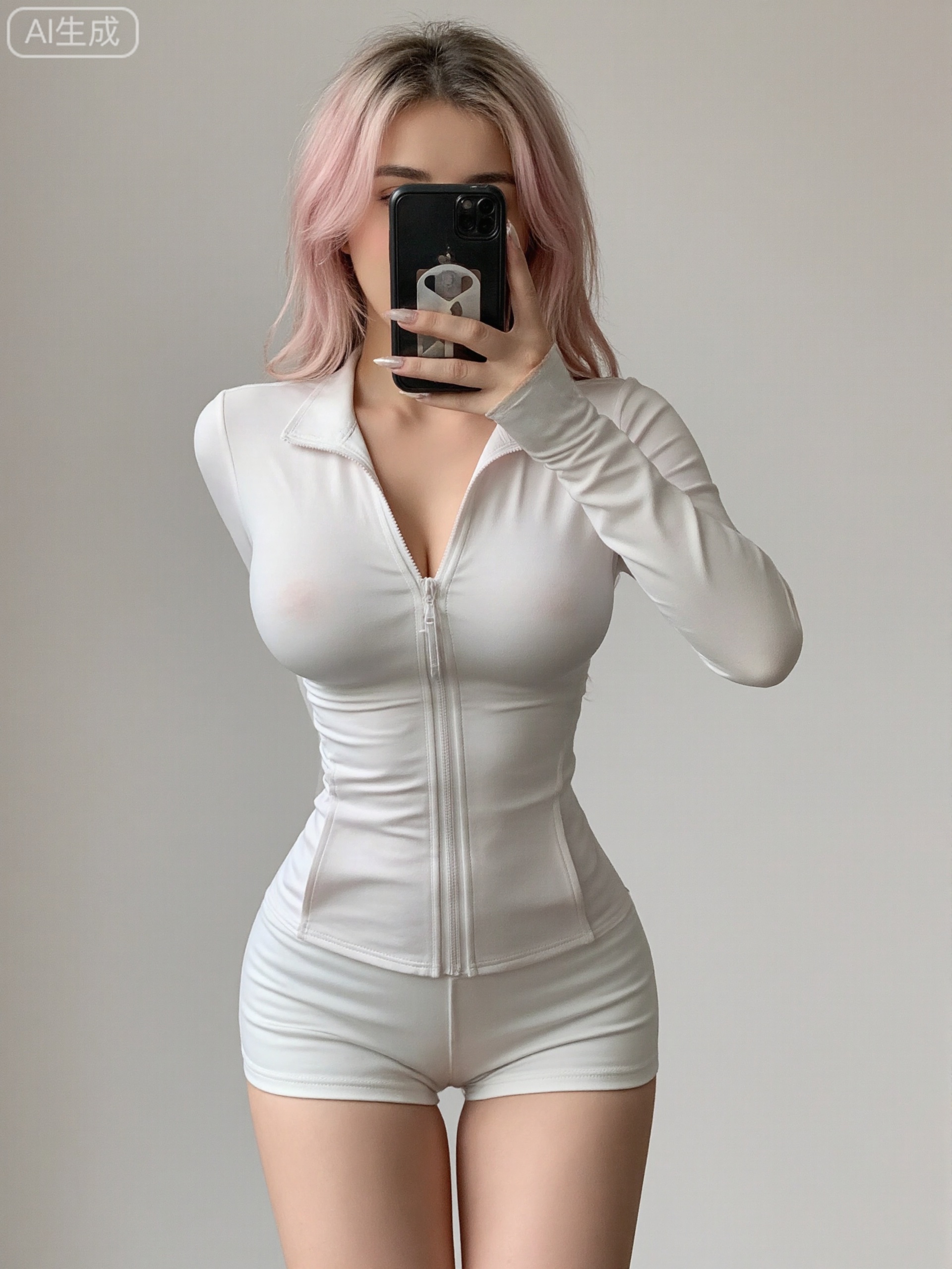 Photograph of a woman with fair skin and long carry pink hair, wearing a tight, white zip-up long-sleeve top that accentuates her large breasts and slim waist. She's holding a phone to her face, partially obscuring it. The background is a plain, light-colored wall.