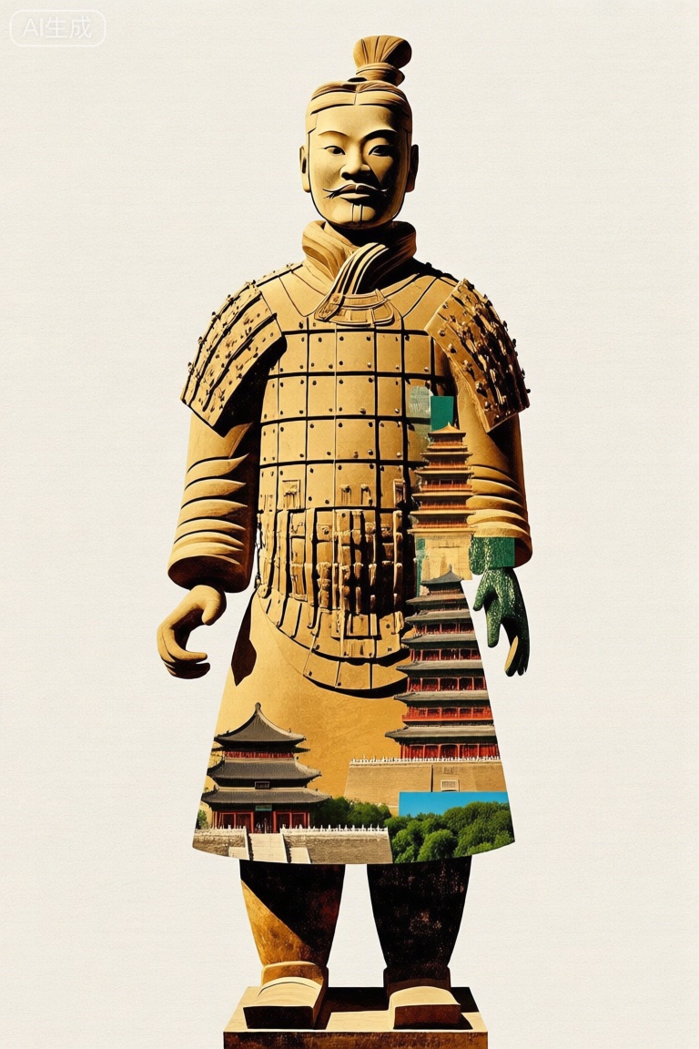 中国西安地方建筑和特产元素构成的兵马俑,拼画艺术