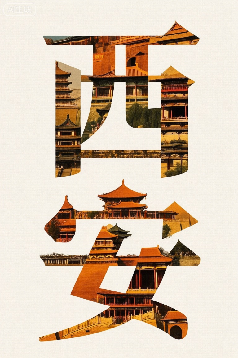 中国西安地方建筑和特产元素构成的文字"西安"