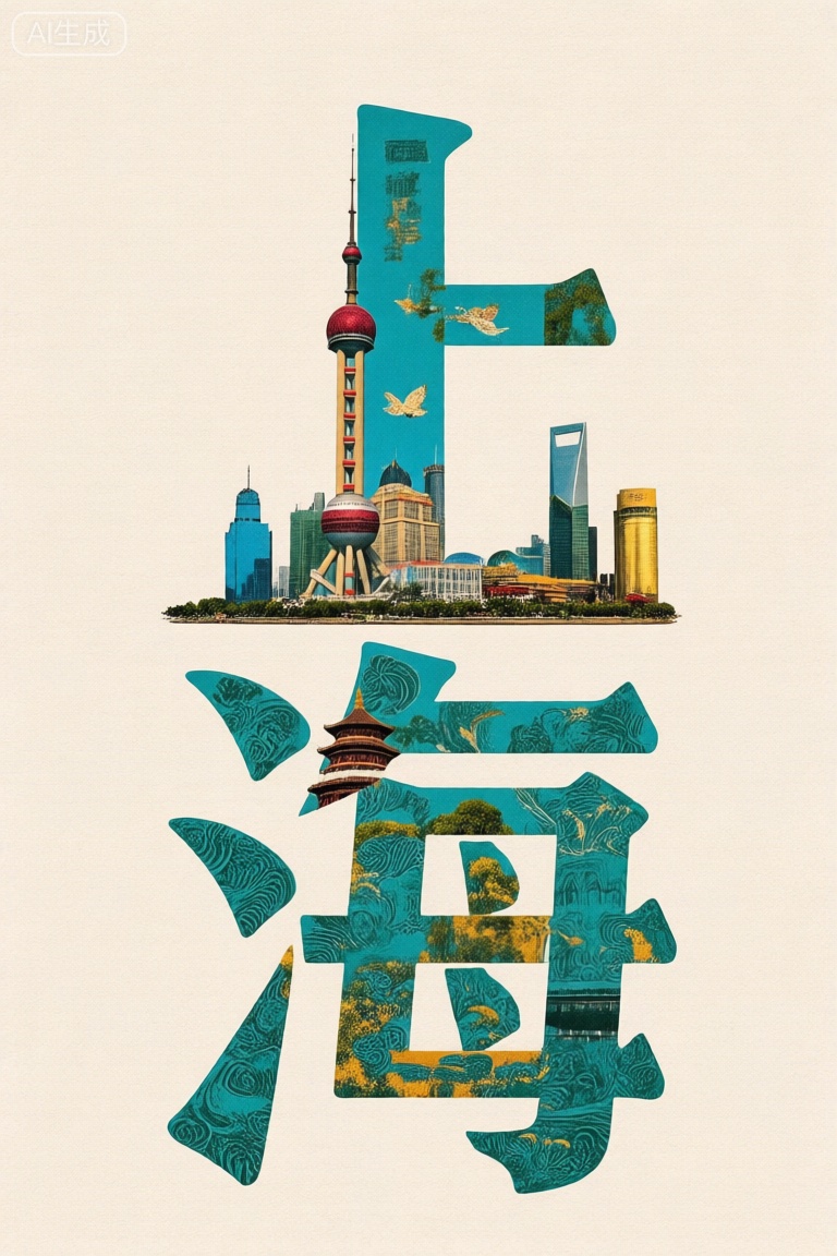 中国上海地方特色建筑和特产元素构成的粗体文字"上海",拼画艺术