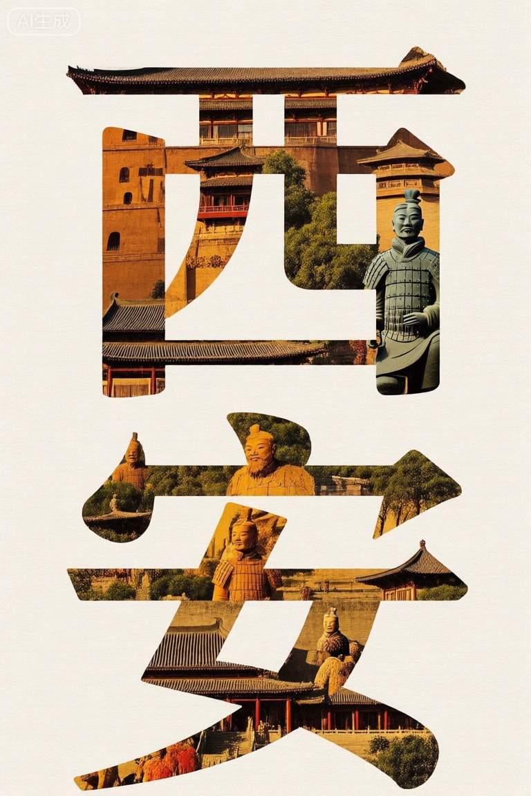中国西安地方建筑和特产元素构成的兵马俑和文字"西安",拼画艺术