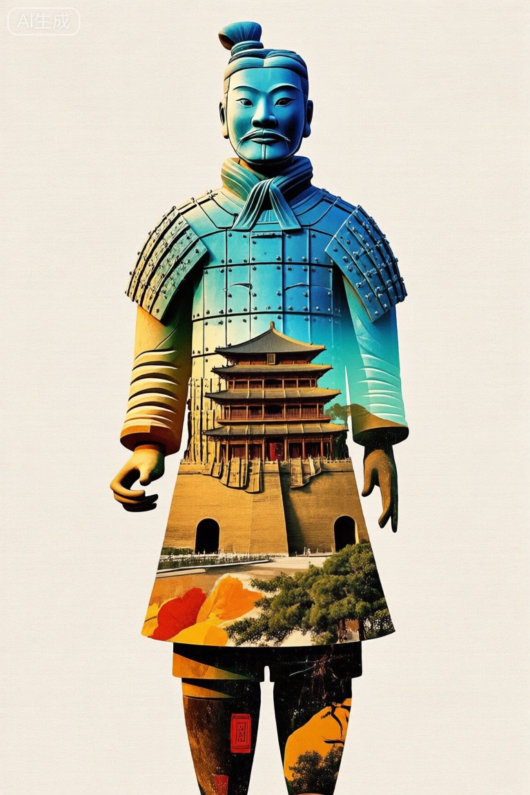 中国西安地方建筑和特产元素构成的兵马俑,拼画艺术