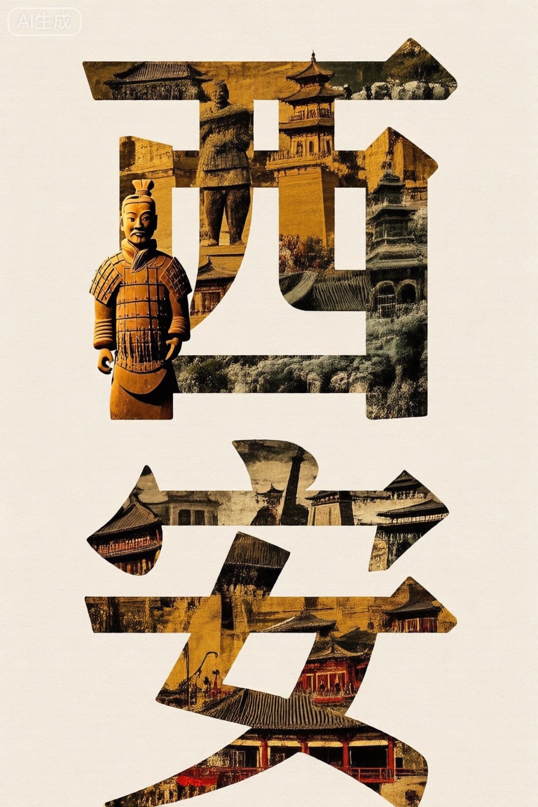 中国西安地方建筑和特产元素构成的兵马俑和文字"西安",拼画艺术