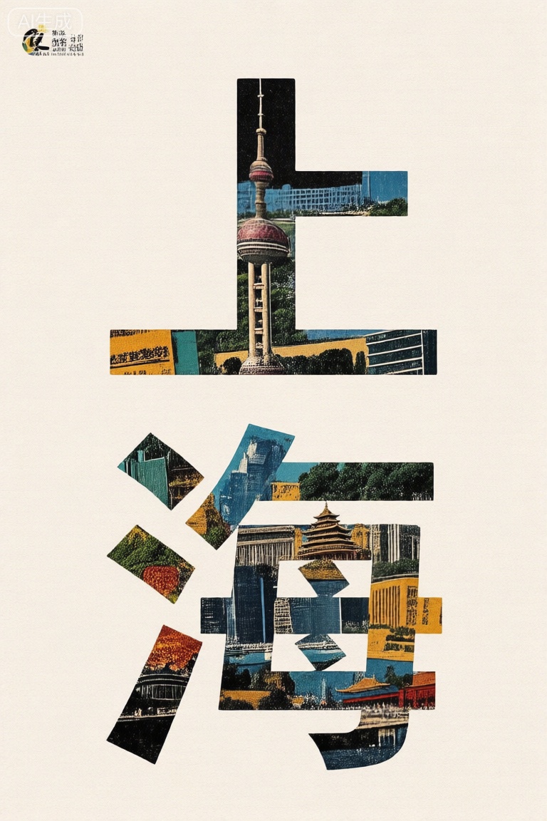 中国上海地方特色建筑和特产元素构成的粗体文字"上海",拼画艺术