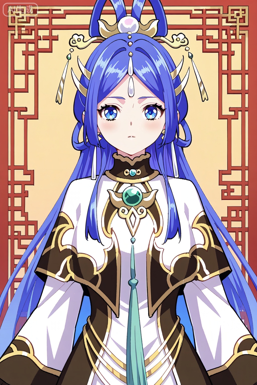 best quality,amazing quality,1girl, solo, blue eyes, long hair, straight hair, blue hair, hair ornament, forehead jewel, topknot, hair stickstraditional chinese clothes, high collar dress, long sleeves, layered dress, ornate robes, black and gold outfit, white inner robe, cyan jewel, ornate chestpiece, gemstone accessory,永宁,