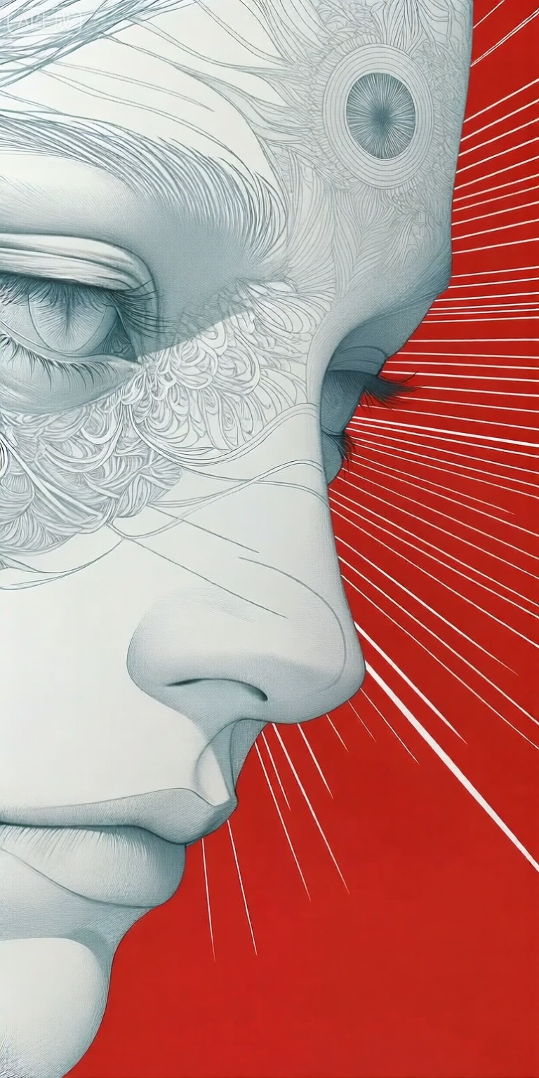 a close-up portrait of a womans face with intricate patterns on both sides, set against a striking red background with diagonal lines, the image is a monochromatic illustration with a focus on the intricate details of the womans facial features, including her eyes, nose, and lips, on the left side of the image, a young woman appears to be facing the viewer, with her eyes looking directly at the viewer, her hair is styled in a neat, straight manner, and her facial features are detailed with intricate, ornate patterns, her skin is smooth and smooth, and she has a serene expression, the background is a solid red color with a diagonal pattern of light rays radiating from the center, creating a sense of depth and dimensionality, the overall effect is a striking contrast between the two faces, with the intricate patterns and lines adding to the overall aesthetic,



