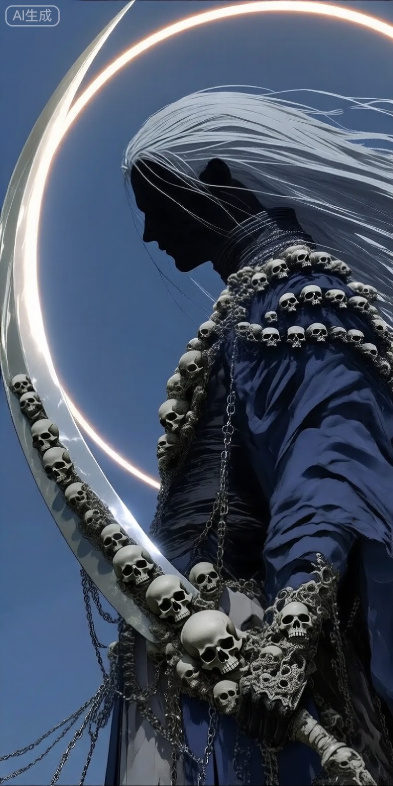 a digital illustration shoot from a profile camera angle about a silhouette of a woman with long white hair holding a large sword, adorned with skulls and chains, against a backdrop of a clear blue sky with a circular light trail behind her, the image also shows intricate details and a dark, ornate outfit, on the middle of the image, a 1woman, who appears to be in her mid-twenties, is standing with her back to the viewer, facing away from the viewer, she is wearing a dark blue outfit with intricate patterns and jewelry, including a necklace with skulls, her hair is long and flowing, and she has a serious expression on her face, her body is slim and she is holding a long, curved sword with skulls embedded in it, the background features a halo of light behind her, and the overall atmosphere is dark and mysterious,

