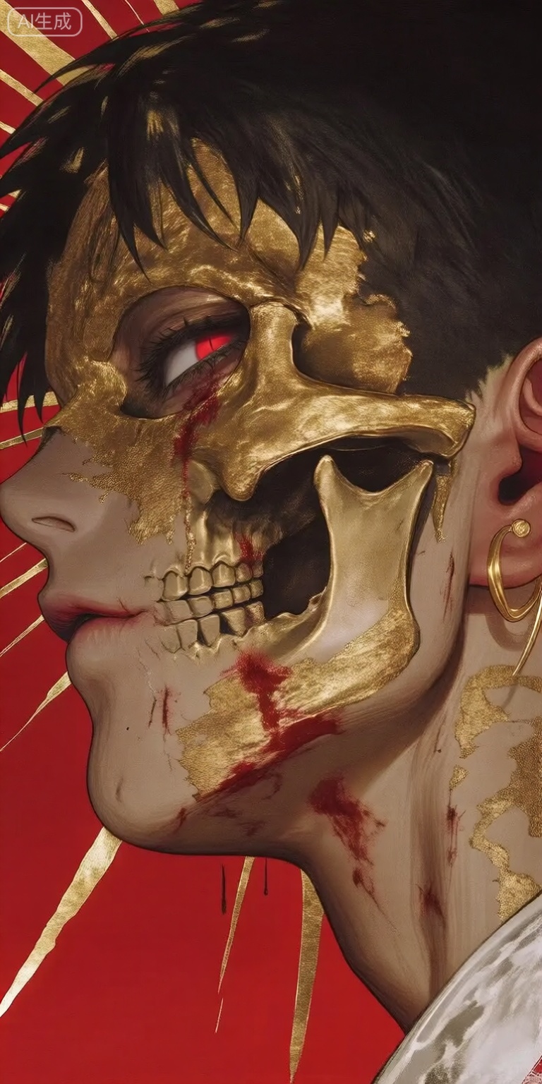 a digital illustration shoot from a profile camera angle about a close-up portrait of a woman with a gold mask and blood splattered on her face, set against a red background with golden rays, the image also shows a woman in the middle of the image, who appears to be in her late teens or early twenties, with short black hair and red eyes, she is wearing gold earrings and has a serious expression, her face is covered in gold paint, with a skull-like design, and she is looking directly at the viewer, her lips are slightly parted, and there are blood stains on her skin, the background is a solid red color with golden lines, and the overall style is reminiscent of japanese horror art,
