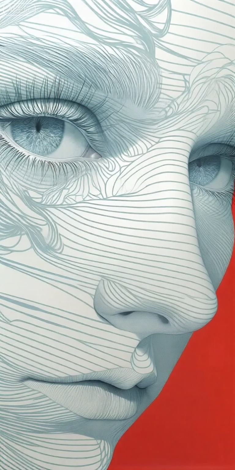 a close-up portrait of a womans face, showcasing intricate lines and contours that create a sense of depth and dimension, the woman, positioned in the middle of the image, is facing the viewer with her large, expressive blue eyes looking directly at the viewer, her hair is styled in a neat, wavy manner, and she has a serene expression, her lips are slightly parted, and her nose is slightly upturned, the background is a solid red color, which contrasts with the womans delicate features and creates a striking visual effect, the image has a high-quality, monochromatic style, with a focus on the lines and texture of the face, making it a visually striking and captivating piece of art,

