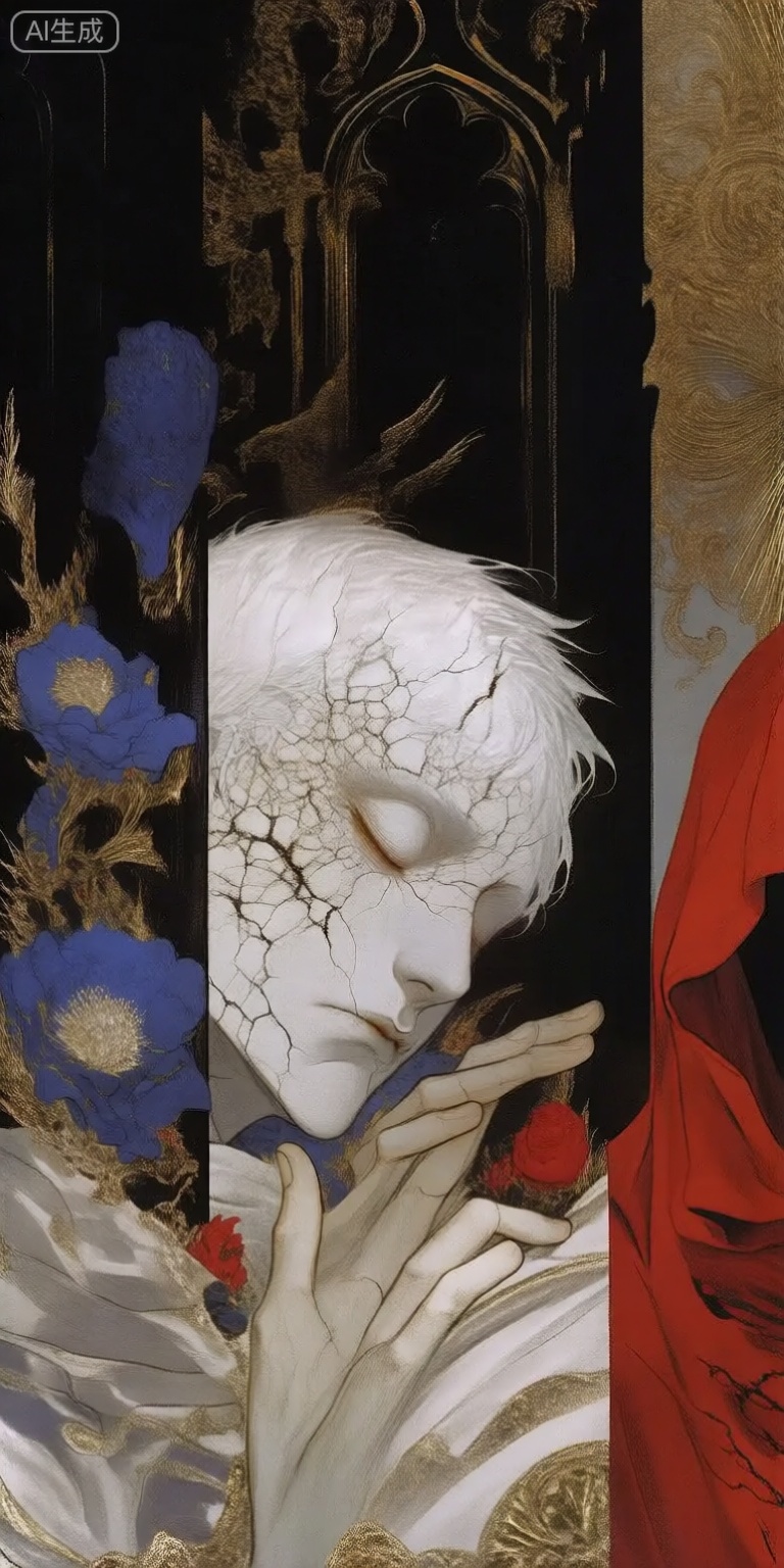 a digital illustration shoot from the front about a surreal portrait of a male figure with white skin and short, white hair, surrounded by blue and red flowers, in an ornate, gothic setting, on the left side of the image, a pale-skinned male figure appears to be in a contemplative pose, with his eyes closed and his hands clasped together in front of him, he is wearing a white robe with intricate patterns, and his hair is styled in a short, neat manner, the background is a dark, ornate black with gold accents, and on the right side, a skeletal figure in a red hooded cloak is visible, partially obscured by the hood, the figures face is detailed with cracks and texture, adding to the surreal atmosphere of the artwork,

