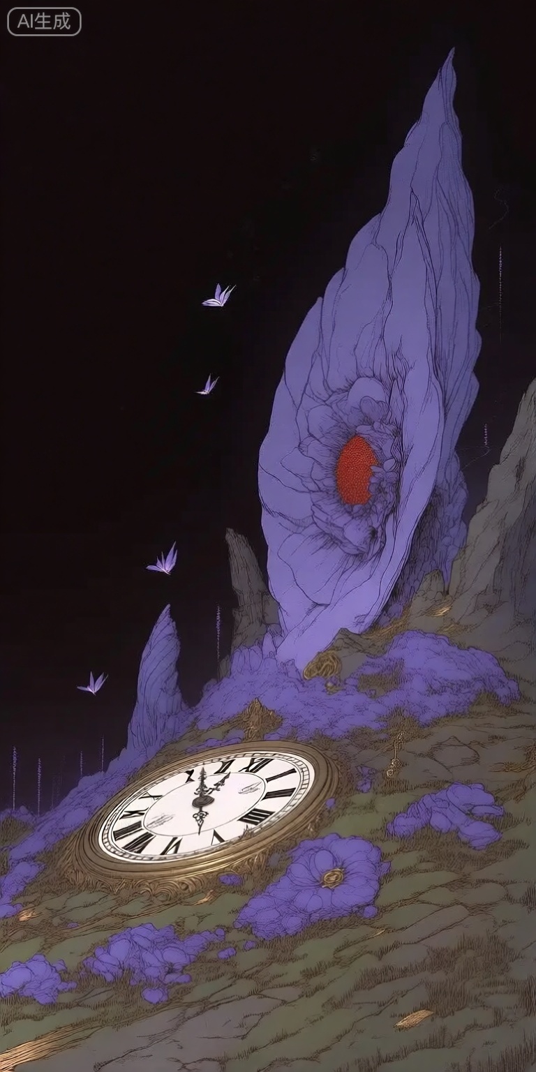 a whimsical digital illustration shoot from a far camera angle about a surreal landscape featuring a large, purple flower-like structure on a rocky hillside with a small, ornate clock in the foreground, the scene is set against a dark, starry night sky, with a few small butterflies fluttering around, on the right side of the image, a large purple flower with a red center sits atop a rocky outcrop, adding a sense of depth and dimension to the image, the flower is surrounded by small, purple flowers, and the clock has roman numerals and a white face with black hands, the overall atmosphere is surreal and dreamlike, with the flower and clock standing out against the dark background,


