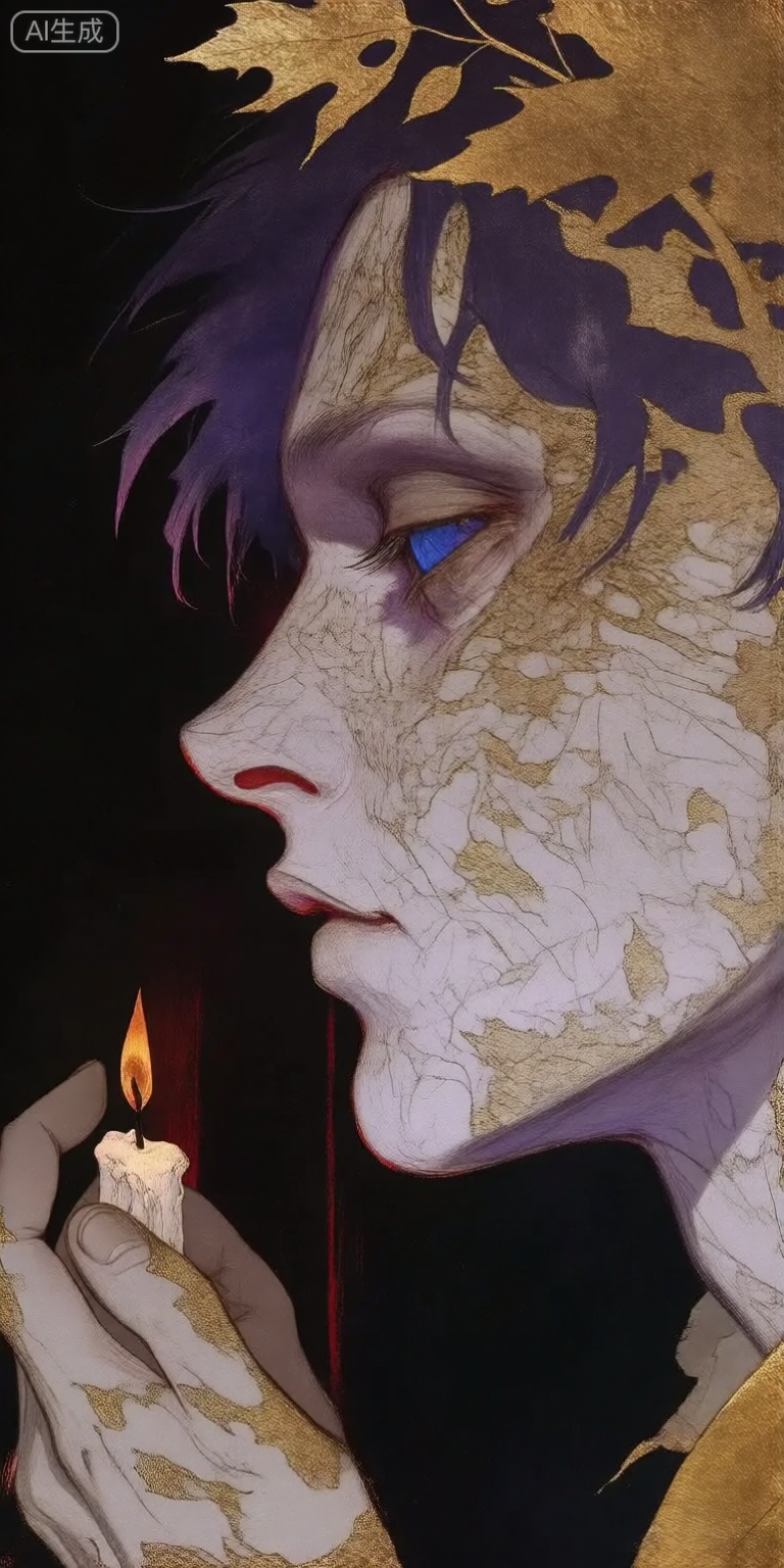 a digital illustration shoot from a profile camera angle about a stylized portrait of a woman with a contemplative expression, illuminated by a small lit candle, the image also shows a dark background with subtle hints of red and gold, on the middle of the image, a woman appears to be in her early twenties, with short, dark purple hair and blue eyes, she is facing the viewer, with her eyes looking to the side, her expression is serene and contemplative, she has a slim body and is holding a small, lit candle in her right hand, her hair is adorned with a golden leaf, adding a touch of elegance to her overall appearance, the womans face is painted with intricate, textured patterns and gold leaf accents, giving her a unique and artistic look, her lips are slightly parted, and she is holding the candle with both hands, the overall effect is one of serenity and contemplation,


